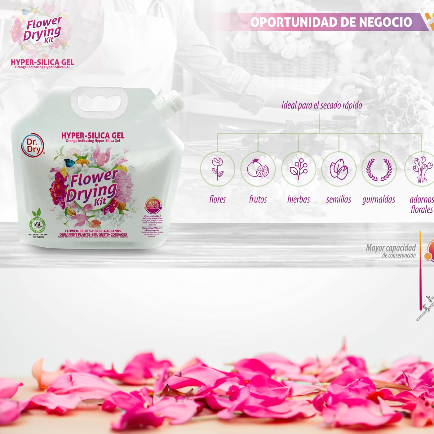 Silica Gel Secado de Flores y Frutos (Hyper Silica) 2.2 kg - Dr. Dry Flower Drying Kit