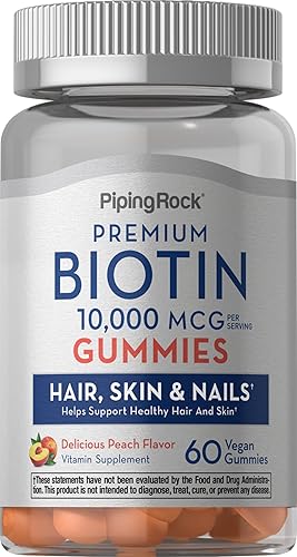 Piping Rock Gomitas de 10000 mcg  60 unidades  Suplemento para el cabello, la piel y las uñas  Sabor melocotón  Vitamina para mujeres y hombres