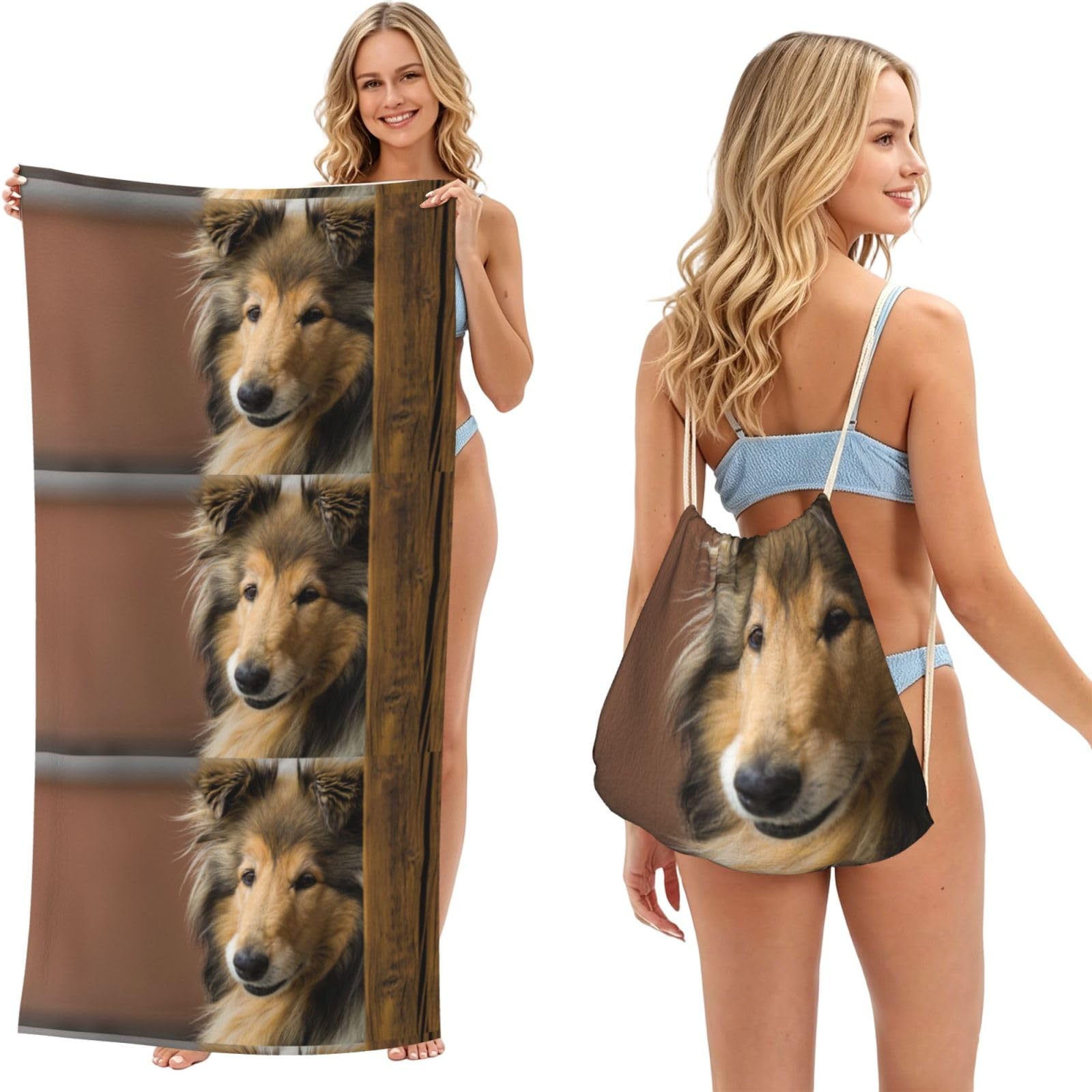Poadnly As Picture Rough Collie Lassie Dogs Big Fluffy Dogs Pets, 2 In 1 Packable Towel Bag, Beach Towels With Drawstring Backpack For Travel Holiday Camping
