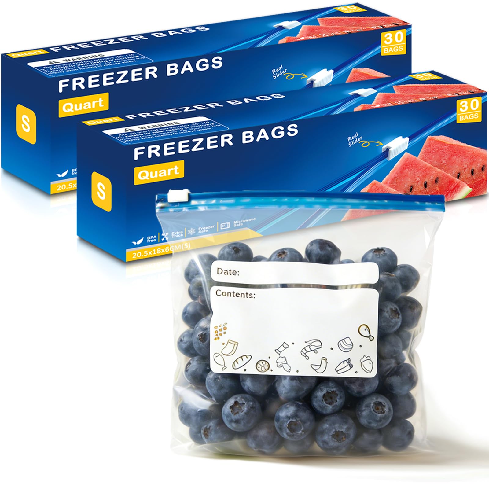 60 Pcs Freezer Bags Ziplock - 1L, Heavy Duty Zip Lock Bags, Reusable Ziplock Bags for Food, Sandwich,Fruits, Meats, Vegetables — image 1
