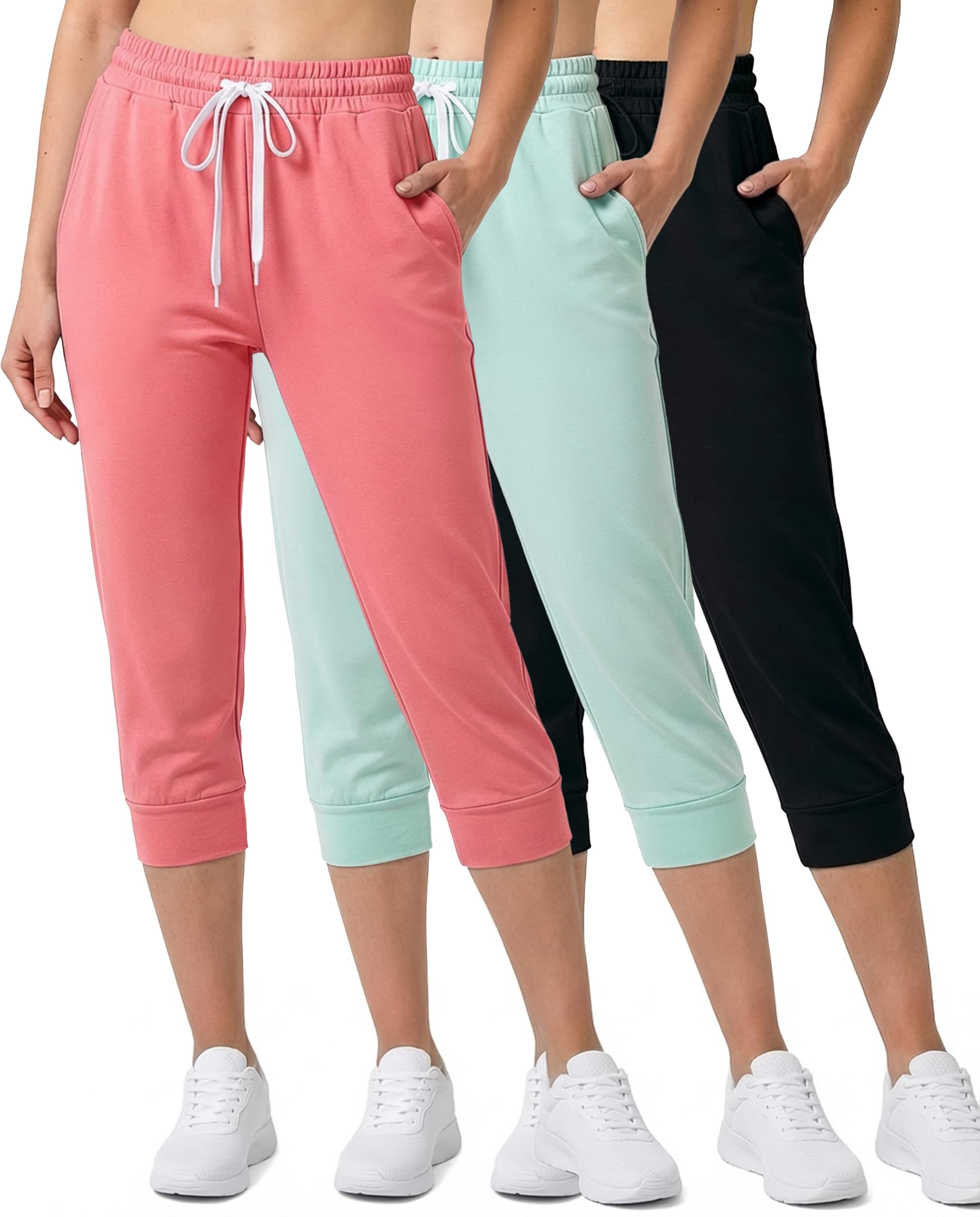 Real Essentials 3-Pack: Women's Ultra Soft Lounge Capri Joggers Sweatpants Athletic Yoga with Pockets(Available in Plus Size)