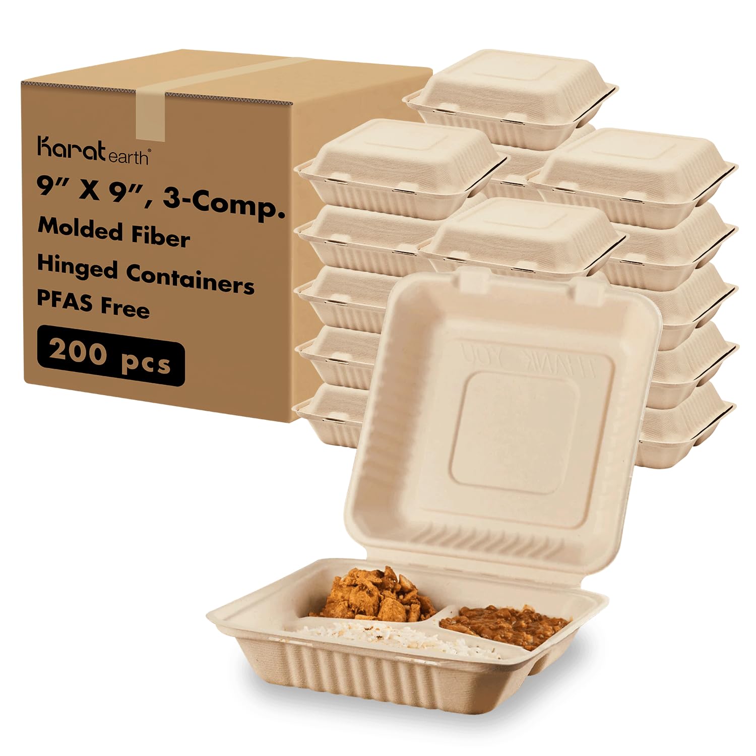 KARAT EARTH Clamshell Take Out Food Containers [9"x9", 200 ct ] 3 Compartments | Compostable To Go Containers, Natural Biodegradable Bagasse