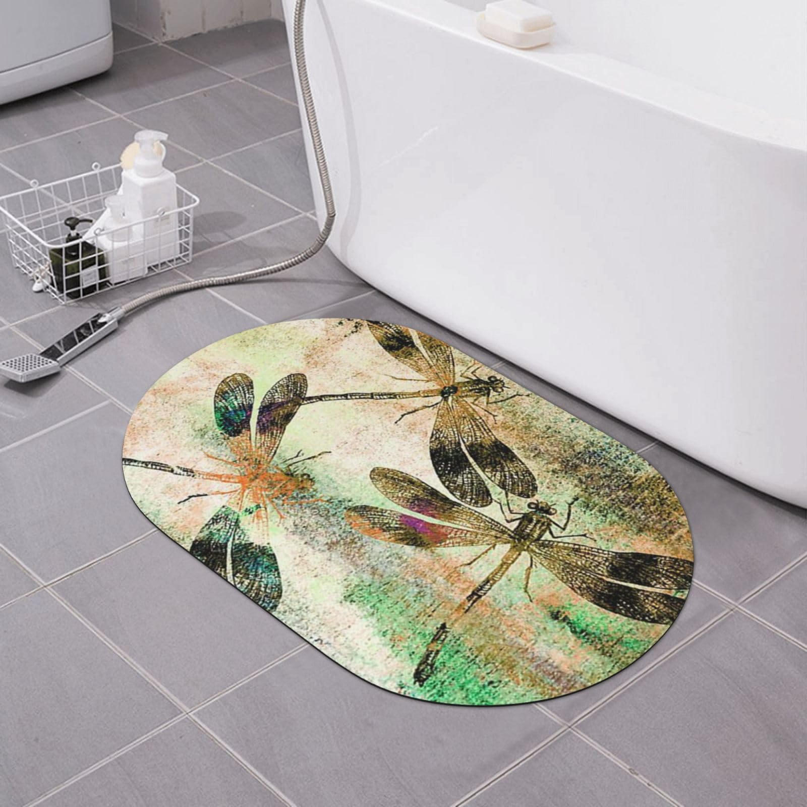 Tapis de bain diatomée séchage rapide pour une douche moderne au motif libellules