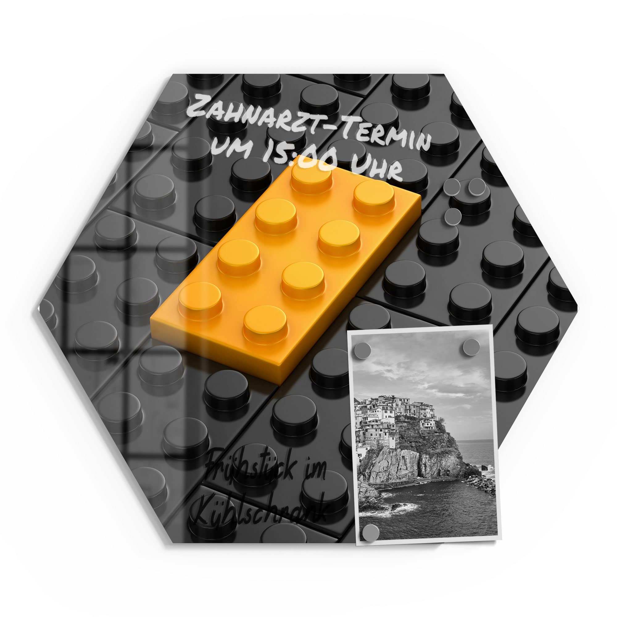 DEQORI Szklana tablica magnetyczna, wymiary 40 x 34,5 cm, motyw "klocki z wypustkami, tablica memo ze szkła, tablica magnetyczna w zestawie z magnesami, długopisem i ściereczką do kuchni i biura, tablica magnetyczna i do pisania