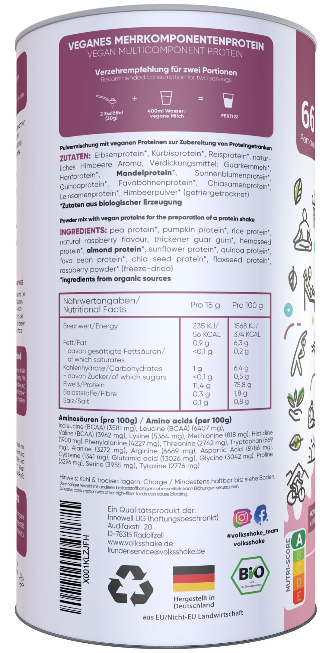 BIO Protein vegan | Himbeere | 1000g | DE-ÖKO-006 | 10 pflanzliche Proteinquellen | Ohne Süßungsmittel | Ohne Soja & Gluten | Premiumqualität vom Bodensee | Made in Germany