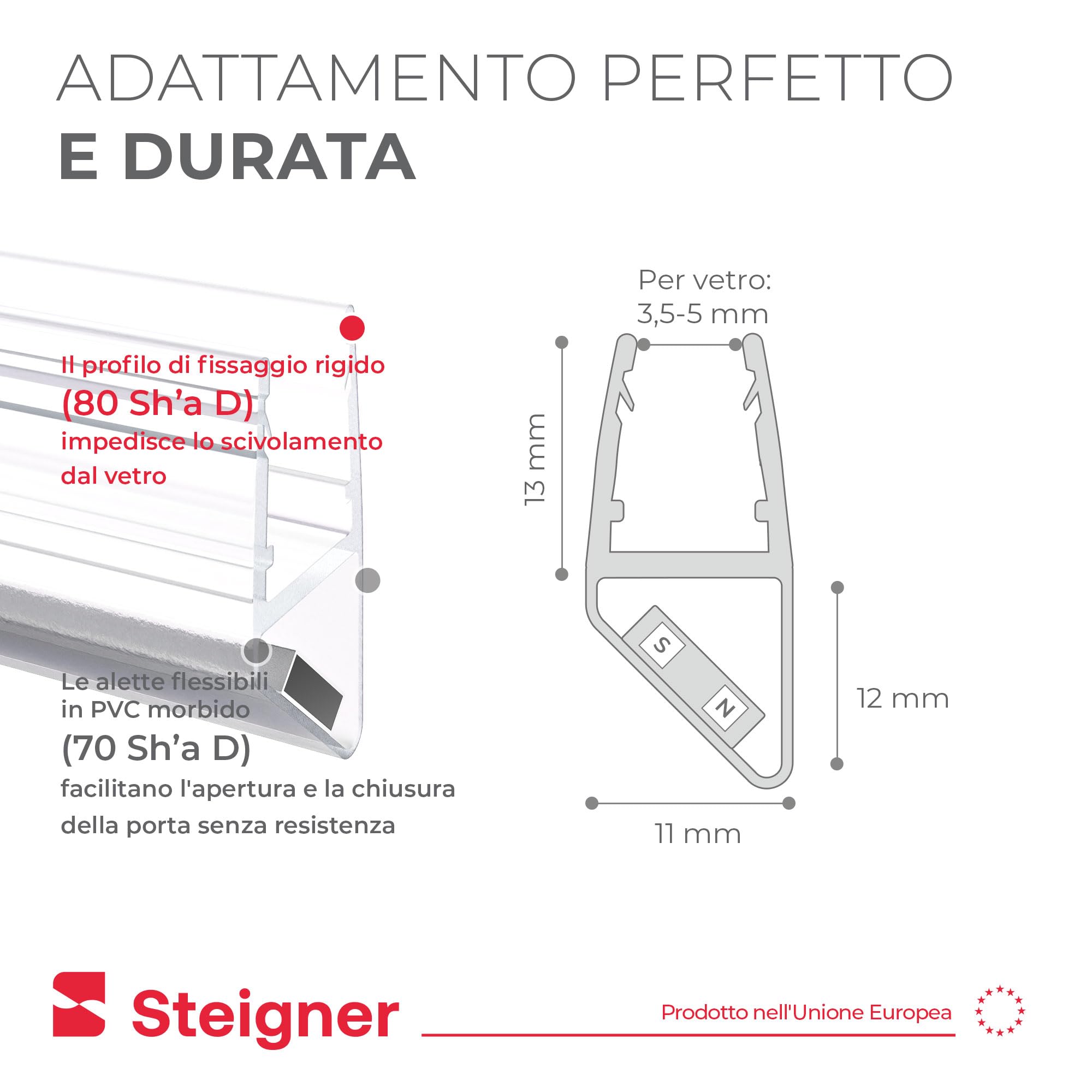 STEIGNER Guarnizione Magnetica doccia, 183cm, per spessore vetro 3,5/4/ 5mm, Set doppio Guarnizioni doccia 180 Gradi, UKM03, 2 pz.