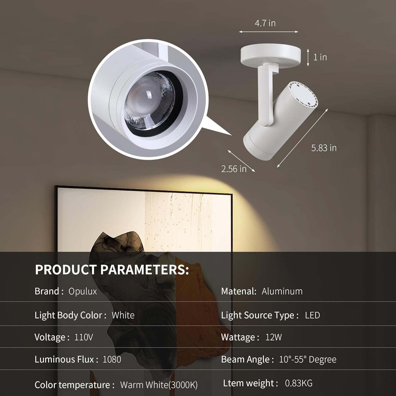 12W LED Dimmable Zoomable Ceiling Spotlight Indoor – Adjustable Wall Surface Mount Accent Light for Home Corridor, Picture, Plants & Painting | Warm White 3000K CRI 97, Flicker-Free, White