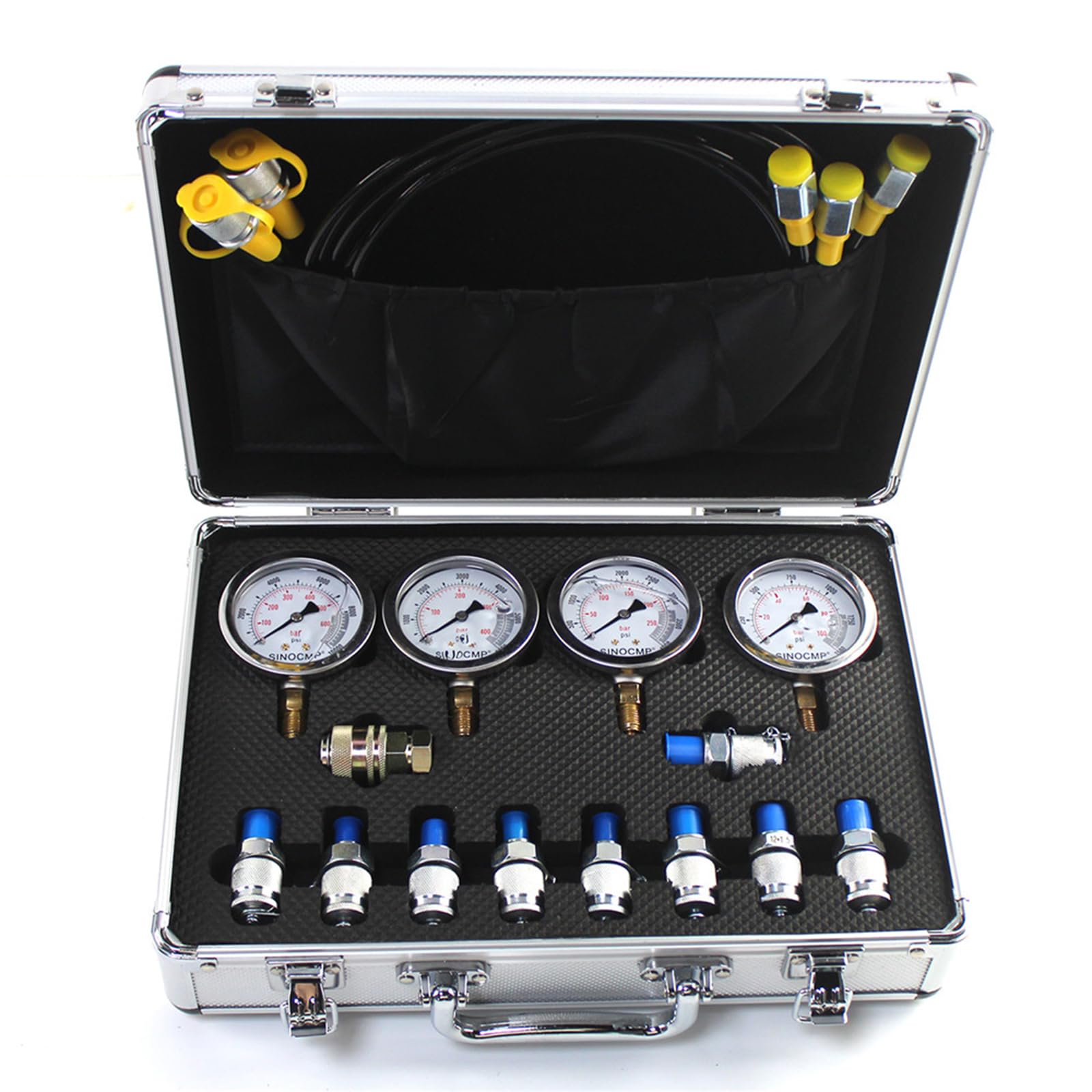 Kit manometro per prova di pressione idraulica con 4 manometri 10/25/40/60 Mpa, 9 raccordi e 3 tubi flessibili di prova lunghi 150 cm, strumento diagnostico del manometro per escavatori, con custodi