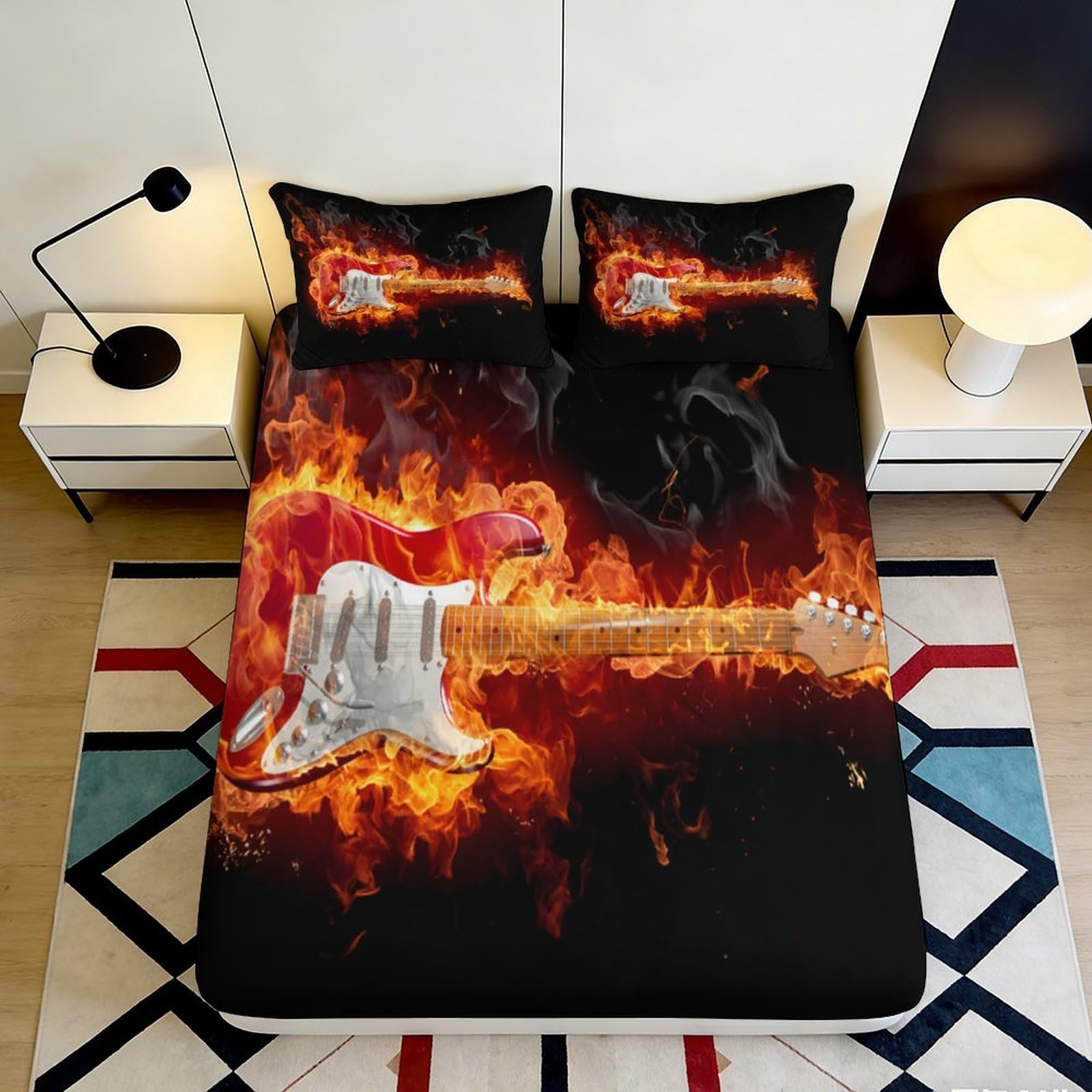 3D Printed Flaming Electric Guitar Fitted Sheet Microfiber Soft Anti-Slip Mattress Cover for Bedroom Dorm Decor 160x200x25cm