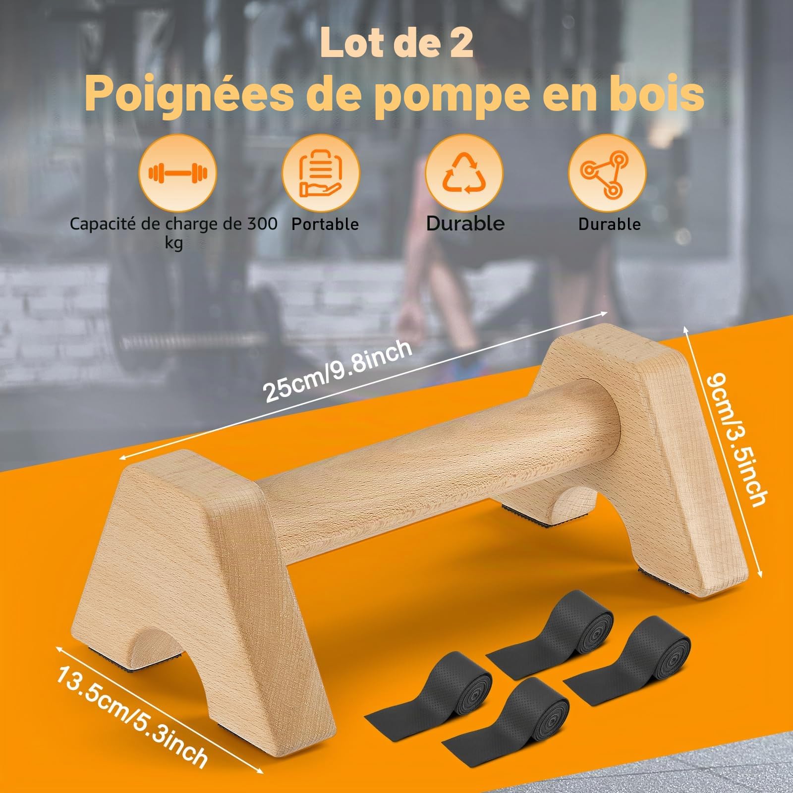 Parallettes, Poignées de Pompes en Bois Antidérapantes, Stables et Protectrices pour les Articulations avec Deux Sangles Amovibles, Equipement Cardio pour Appuis Renversés et Pompes