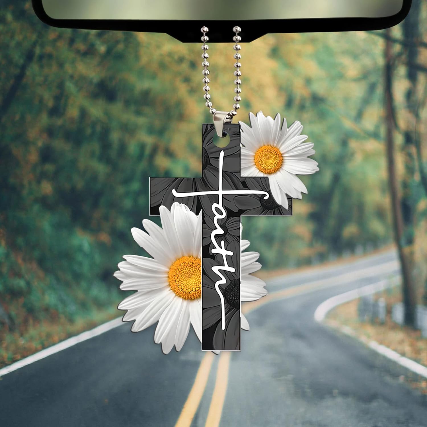 Talataca Christian God Jesus Cross Faith White Daisy Flower 2D Flat Car Rear View Mirror Accessories Christmas Tree Ornament Decoration Hanging Charm Interior Rearview Pendant Decor Gift - Image 3