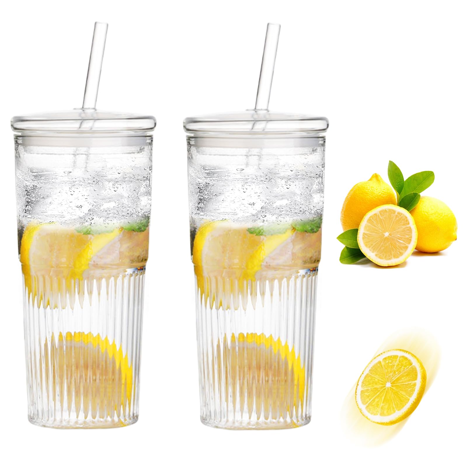 2 BICCHIERI IN Vetro A Coste Da 600 Ml, Con Coperchio E