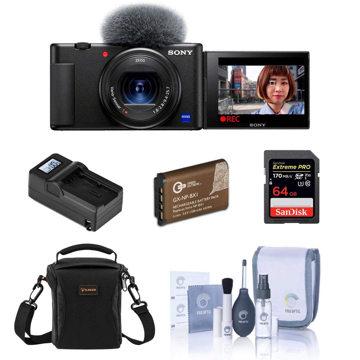 Sony ZV-1 Compact 4K HD Digital Camera Black Essential Bundle with Bag, 64GB SD Card, Extra Battery,