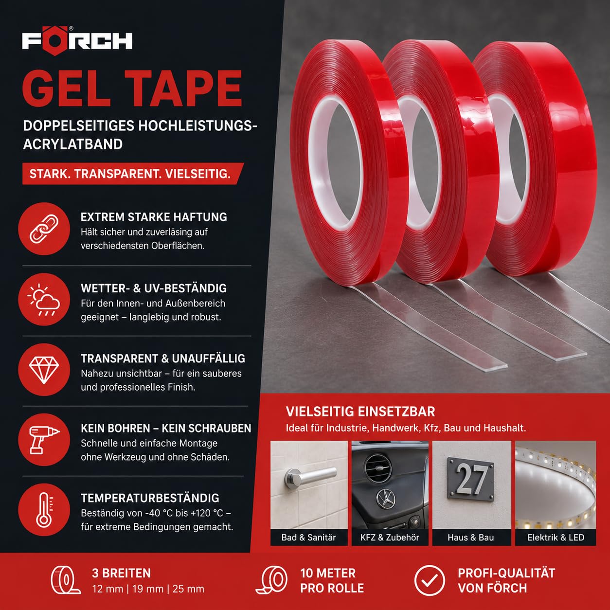 Förch Gel-Tape doppelseitig transparent – Hochleistungs-Acrylatband in 12 mm, 19 mm & 25 mm - auf 10 Meter Rolle
