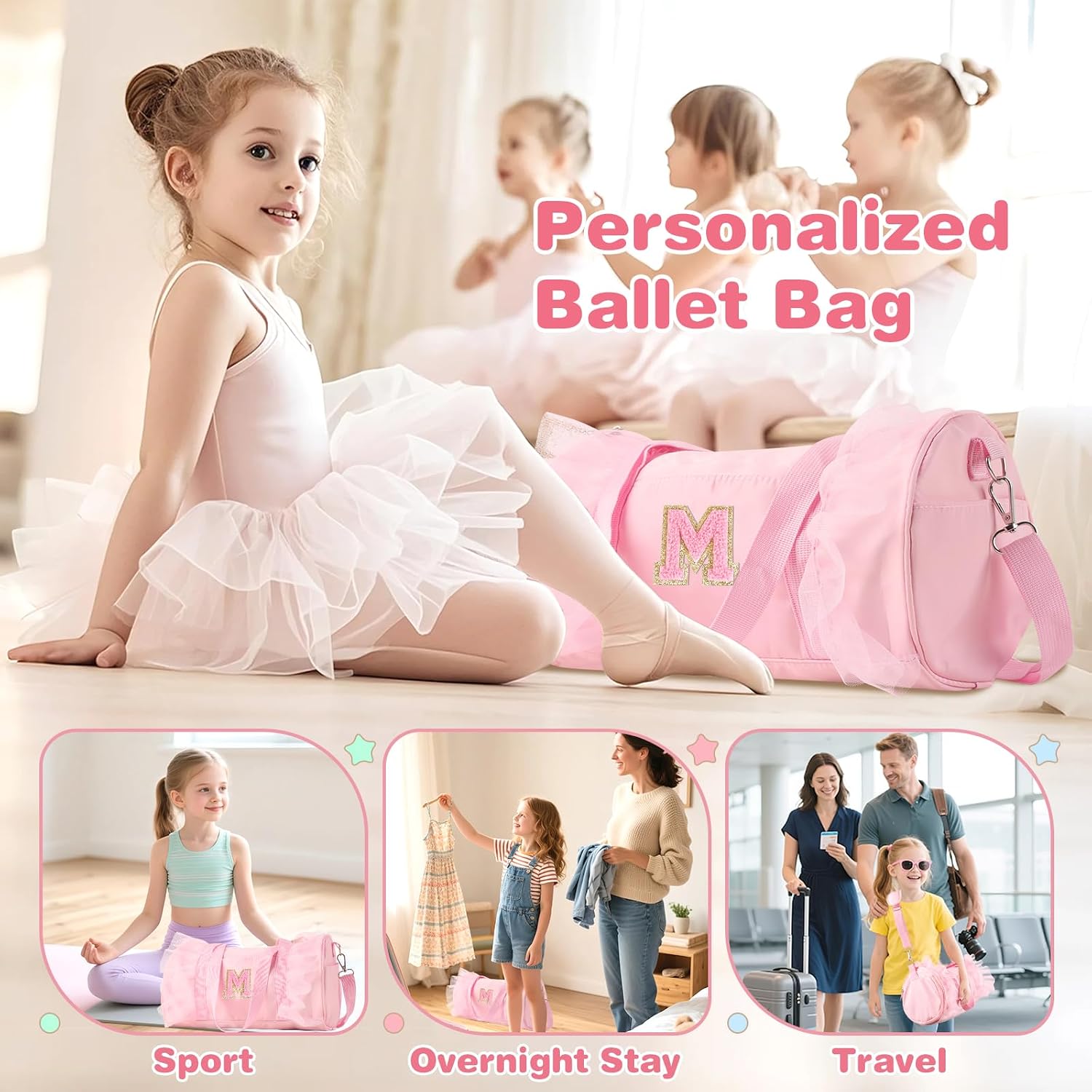 Personalized Initial Dance Bag for Girls 6-9, Medium Lace Gym Sport Yoga Cheer Dance Bags Gift for Teen Girls, Cute Letter Kids Ballet Bag Toddler Travel Duffel Tote with Adjustable Straps(Pink-M)