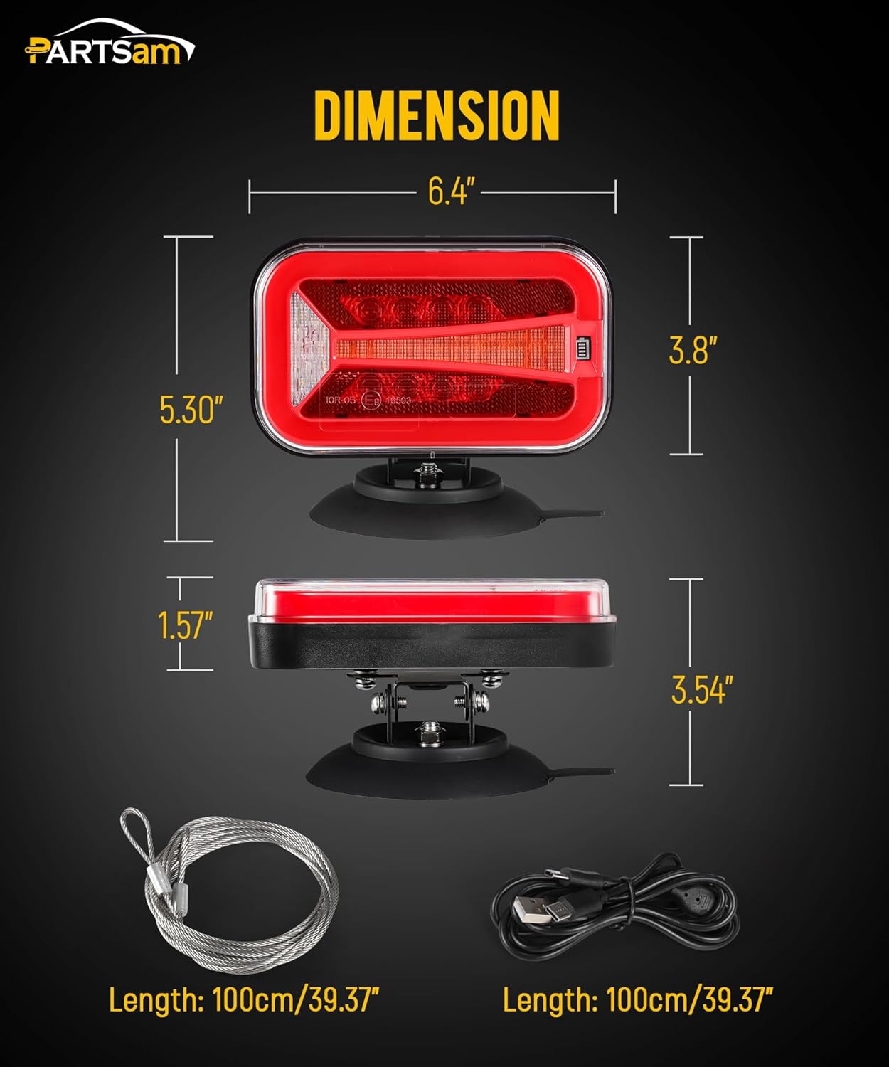 Partsam Wireless LED Trailer Light Kit 4000mAh Battery, Portable Magnetic Rectangle Stop Turn Reverse License Towing Tail Lights w/Metal Bracket 7-Pin Plug for Trucks Trailers 12-24V IP67 Waterproof