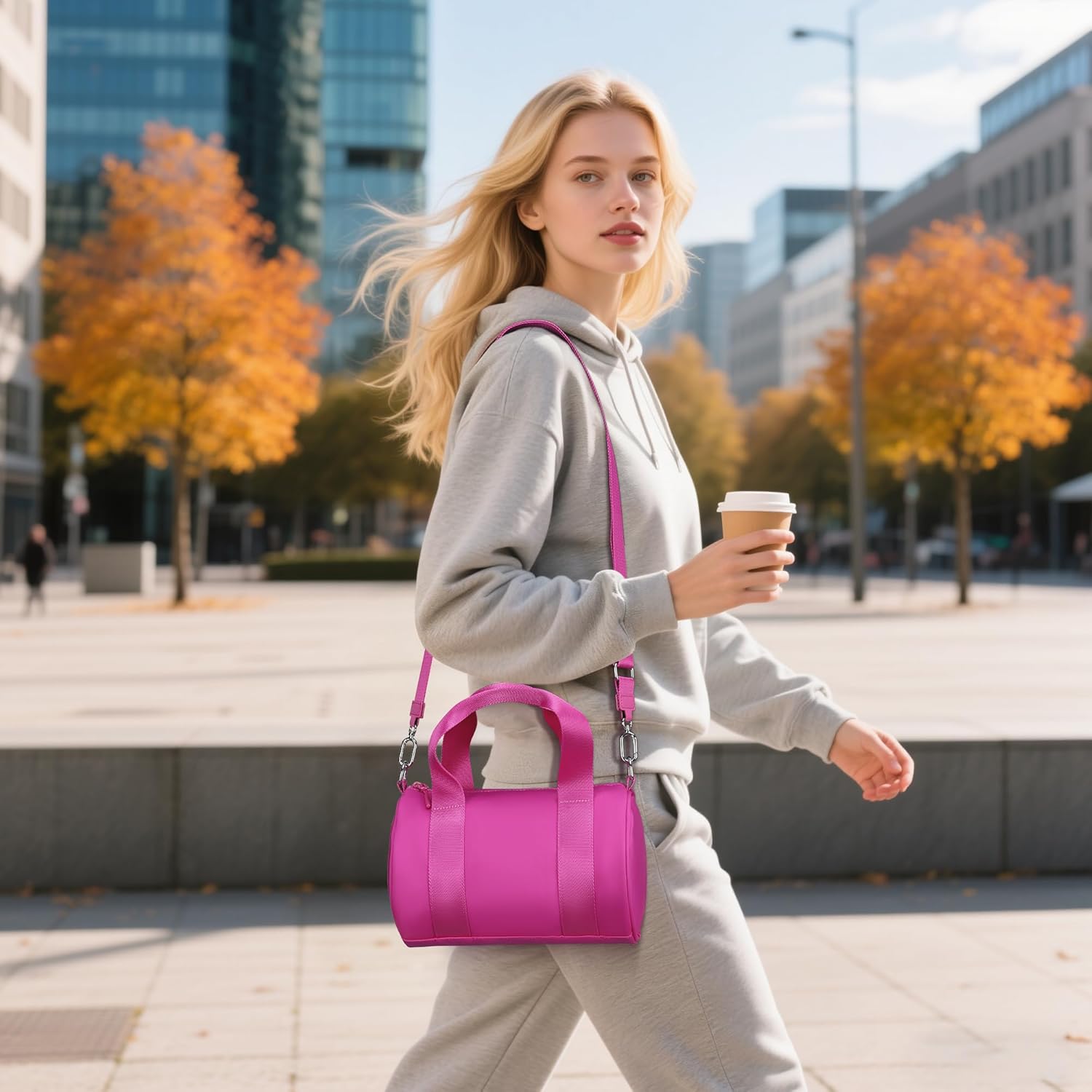 FODOKO mini Gym Bag for Women, barrel purse,Crossbody Duffel Bags Handbag from Gym to Travel(rose red) - Image 2