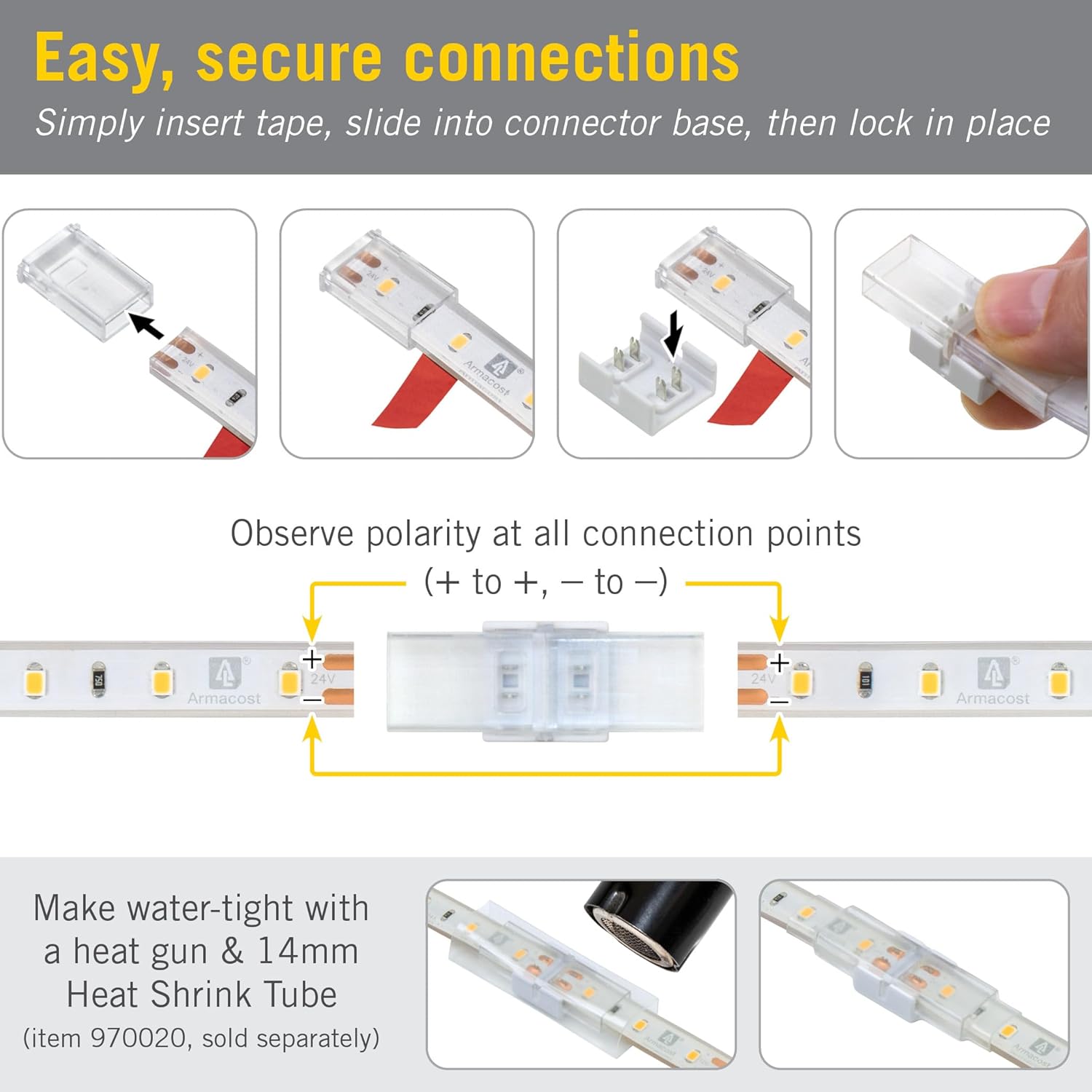 Armacost Lighting 2 Pin IP67 Outdoor LED Strip Light Tape to Tape Splice Connectors, 4 Pack 560825N
