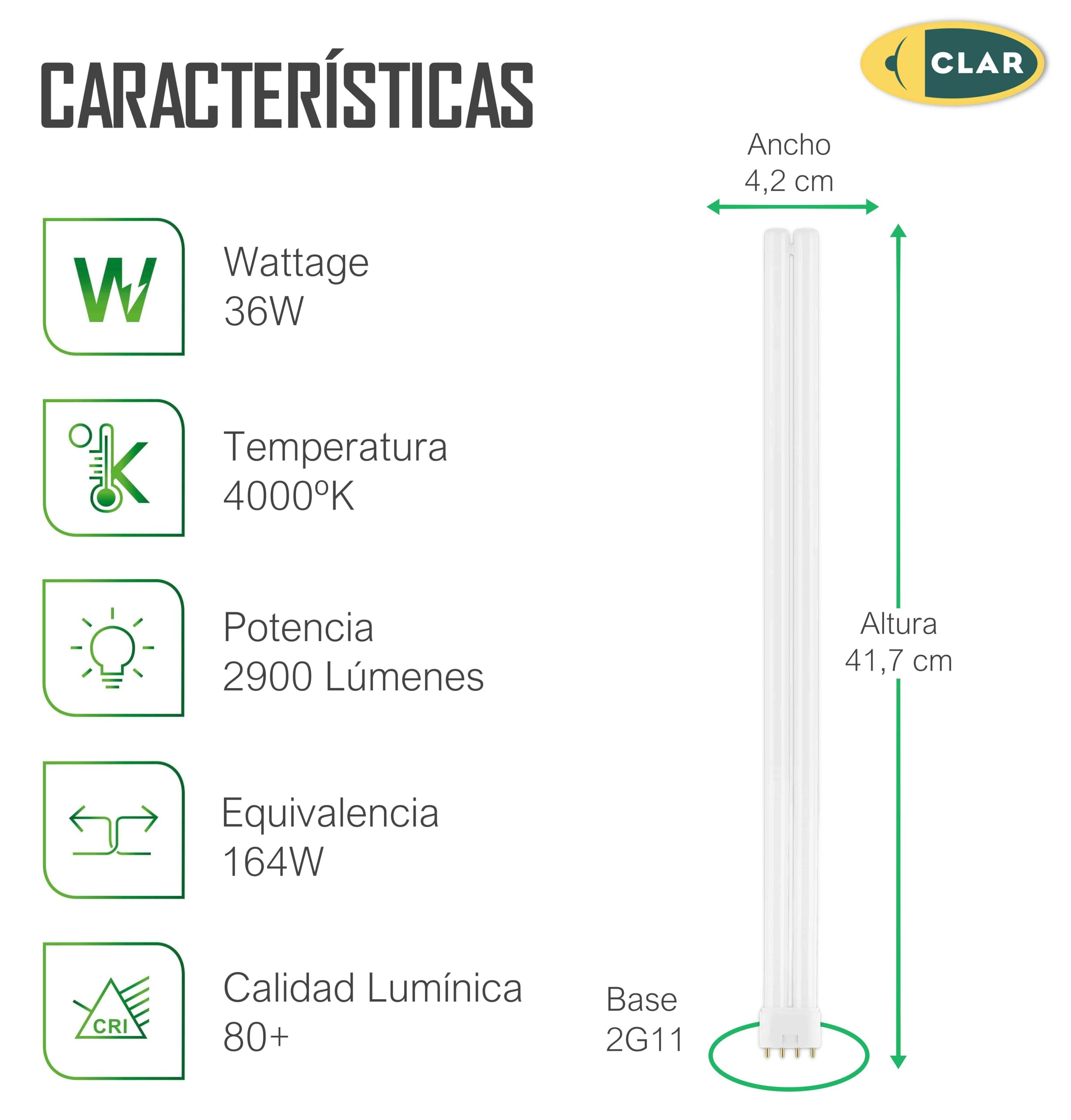 CLAR - Bombilla Fluorescente Gemini L 36W 4000K 2G11 Luz Blanca Neutra Tubo Recto Profesional Alto Flujo CFL Reemplazo Técnico Iluminación Interior Oficinas Laboratorios Cocina Industrial Precisa
