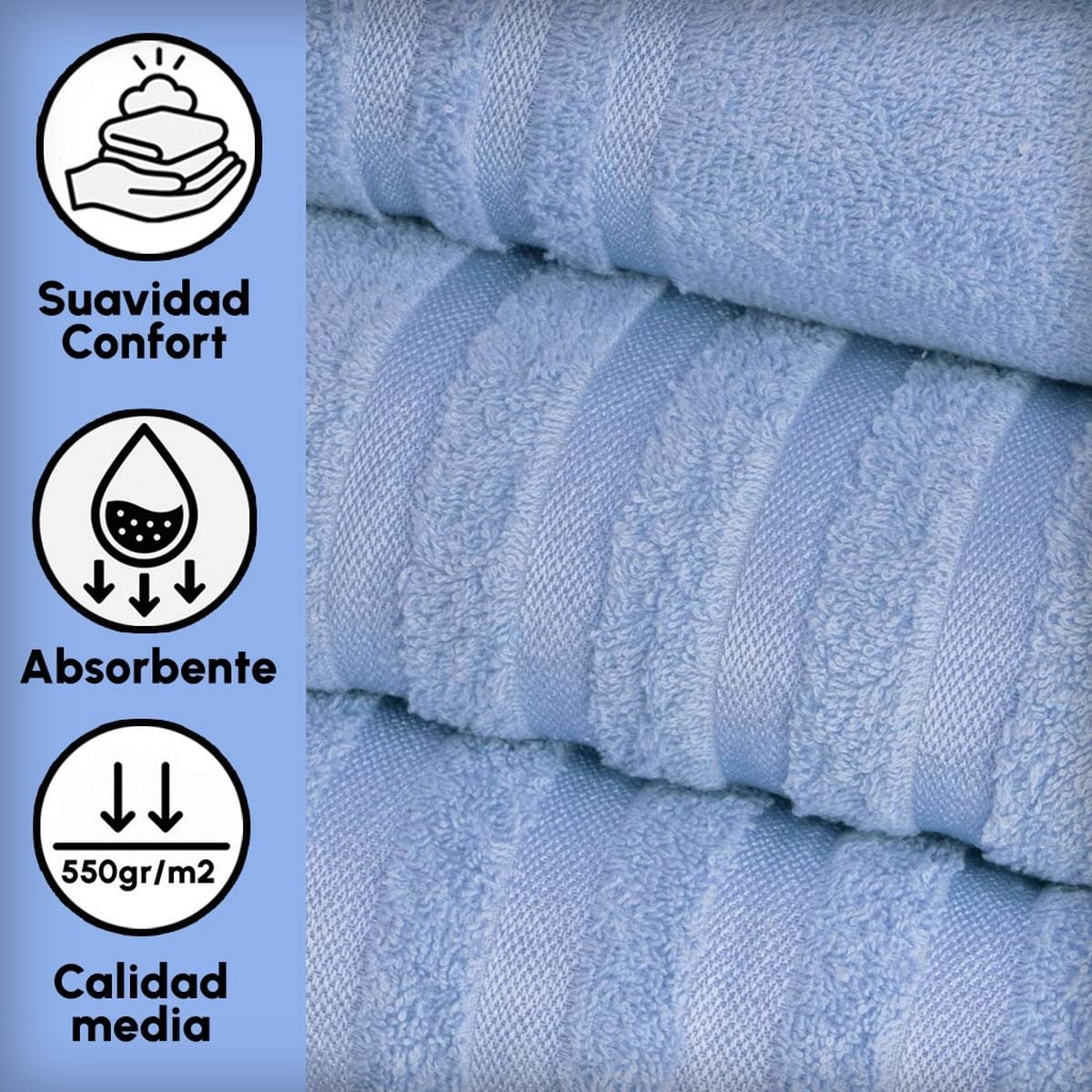 Juego de 8 Toallas de baño Color Azul 100% algodón Rizo de 140x70 cm | Tejido suave de gran gramaje con alta absorción. Aptas para lavadora, de uso diario.