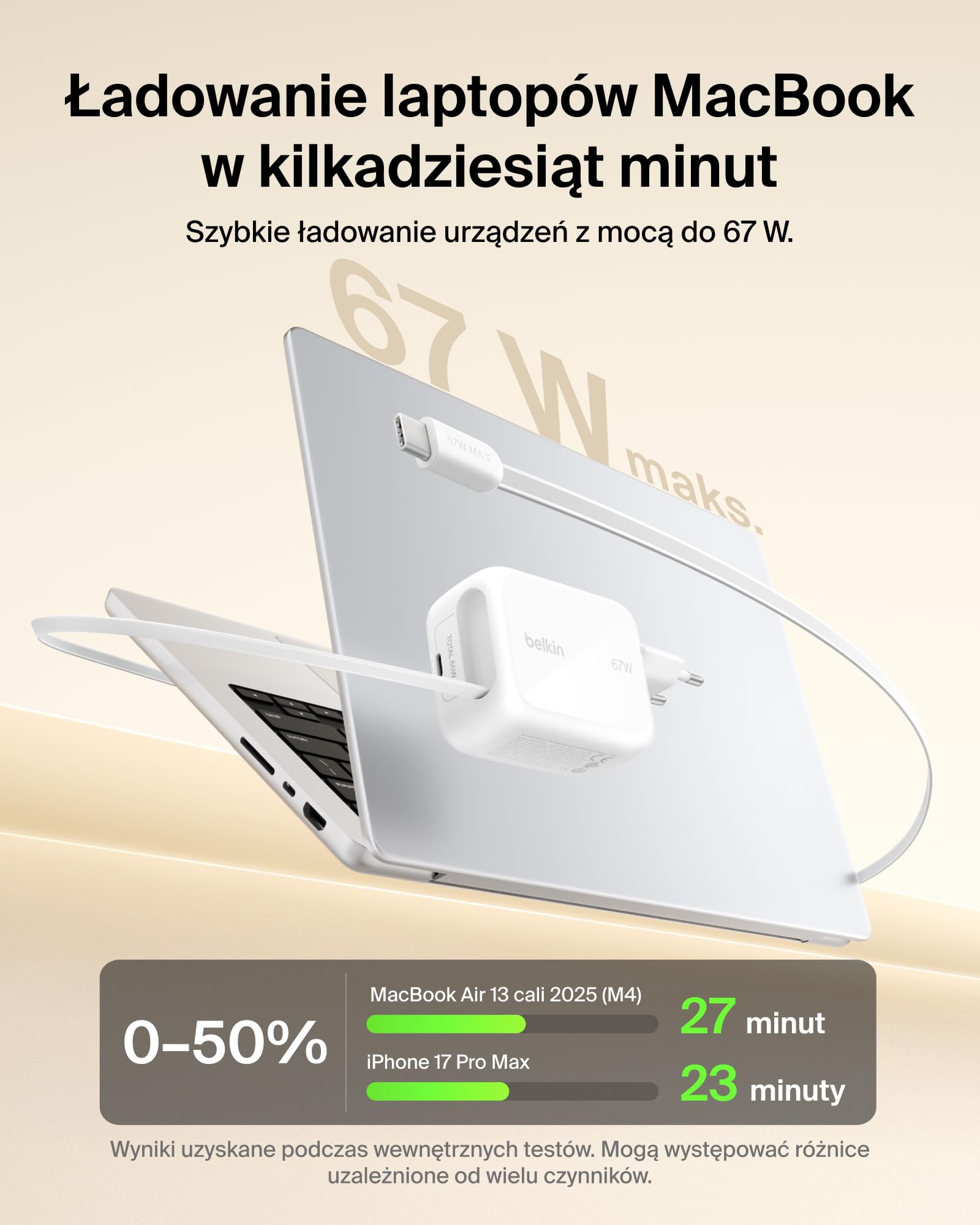 Belkin Ładowarka USB-C 67 W z Wysuwanym Kablem USB-C (1 m) i Portem USB C – Ładowarka GaN, Szybkie Ładowanie Urządzeń iPhone Serii 17 i 16, Galaxy Serii S26, AirPods, MacBook, Chromebook i Tabletów