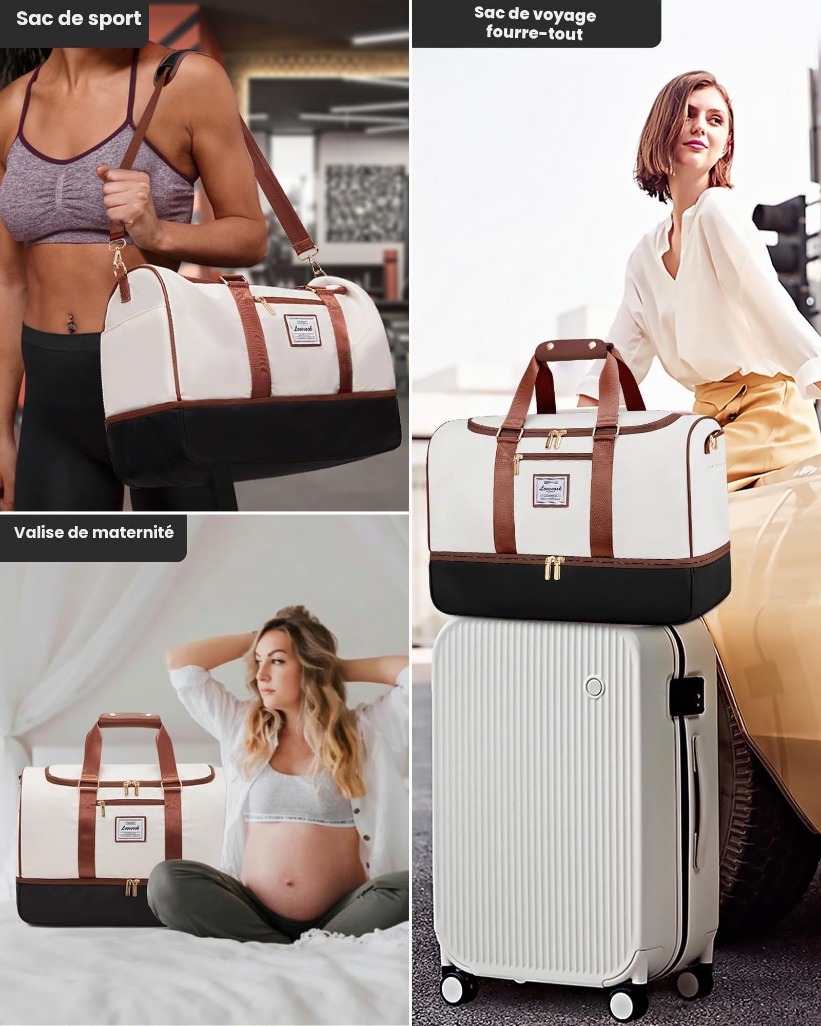 LOVEVOOK Sac de voyage pour femme - Sac de voyage Weekender - Avec trousse de toilette, compartiment à chaussures et compartiment humide - Étanche - Pour sport, vacances, avion, Beige/noir/marron, m