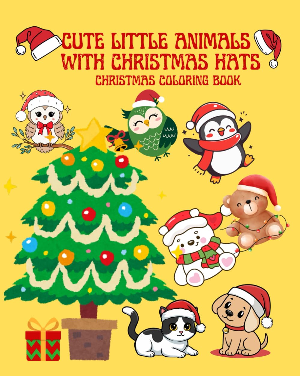 Cute little animals with christmas hats: christmas coloring book
