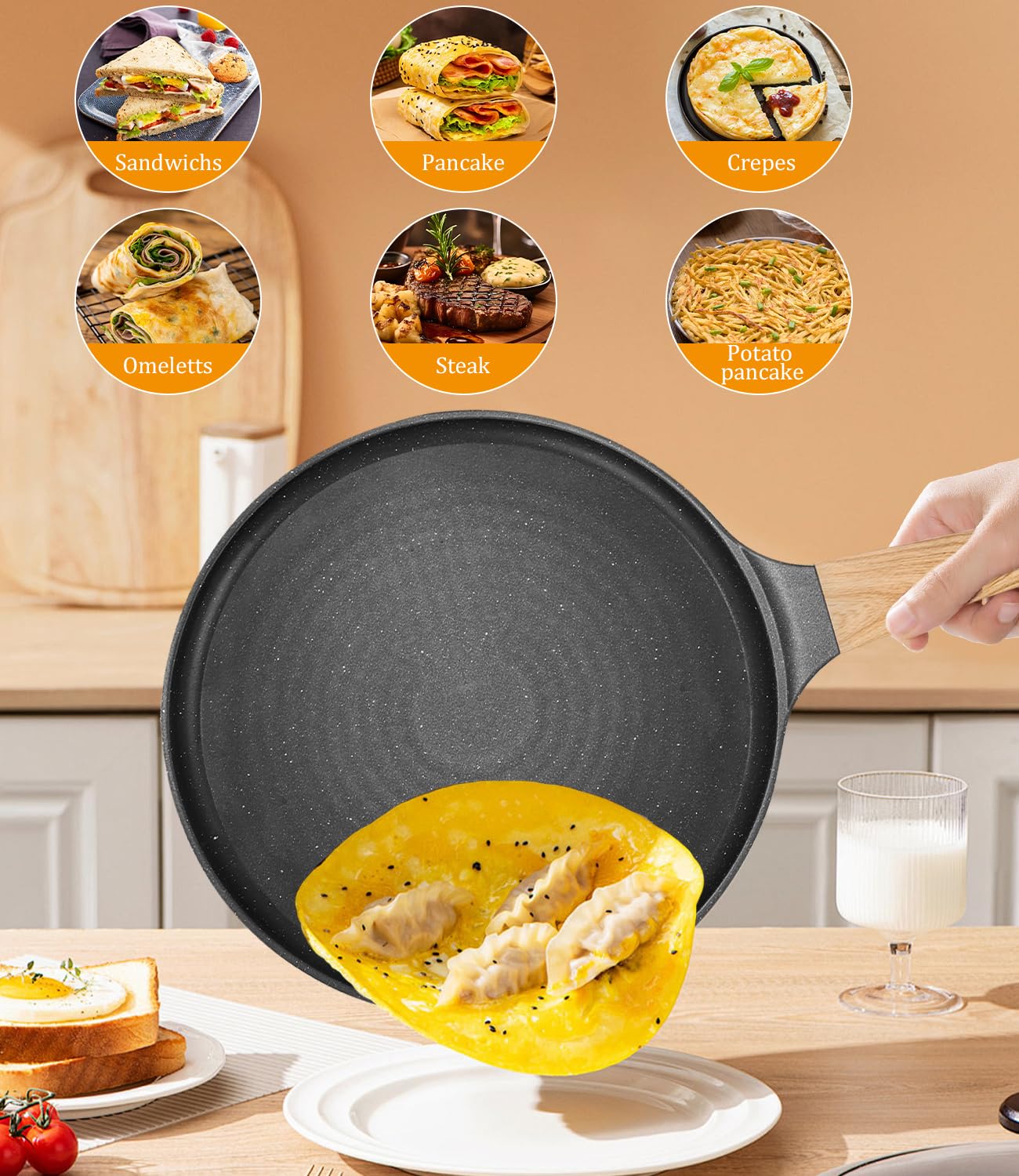 Padella crepes antiaderente nera 28 cm con rivestimento antiaderente in granito svizzero, manico in bachelite, compatibile EMC, senza PFOA