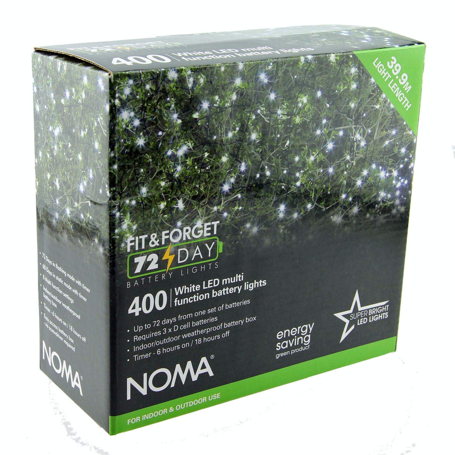Noma @ Wowooo Bright White, Green Wire Fit & Forget Battery 400 Led String : Timer : Multifunction : Indoor/Outdoor : Bright White 6816006Gw