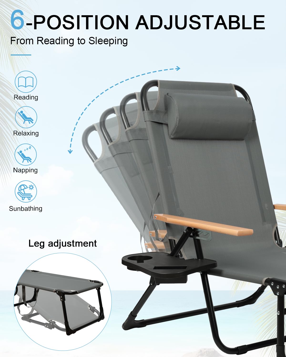 Sonnenliege Klappbar mit Kopfkissen, Gartenliege Wetterfest, Klappbare Strandliege Campingliege mit Holzarmlehnen, Liegestuhl für Balkon, Garten, Pool & Strand, bis 150kg (Grau)