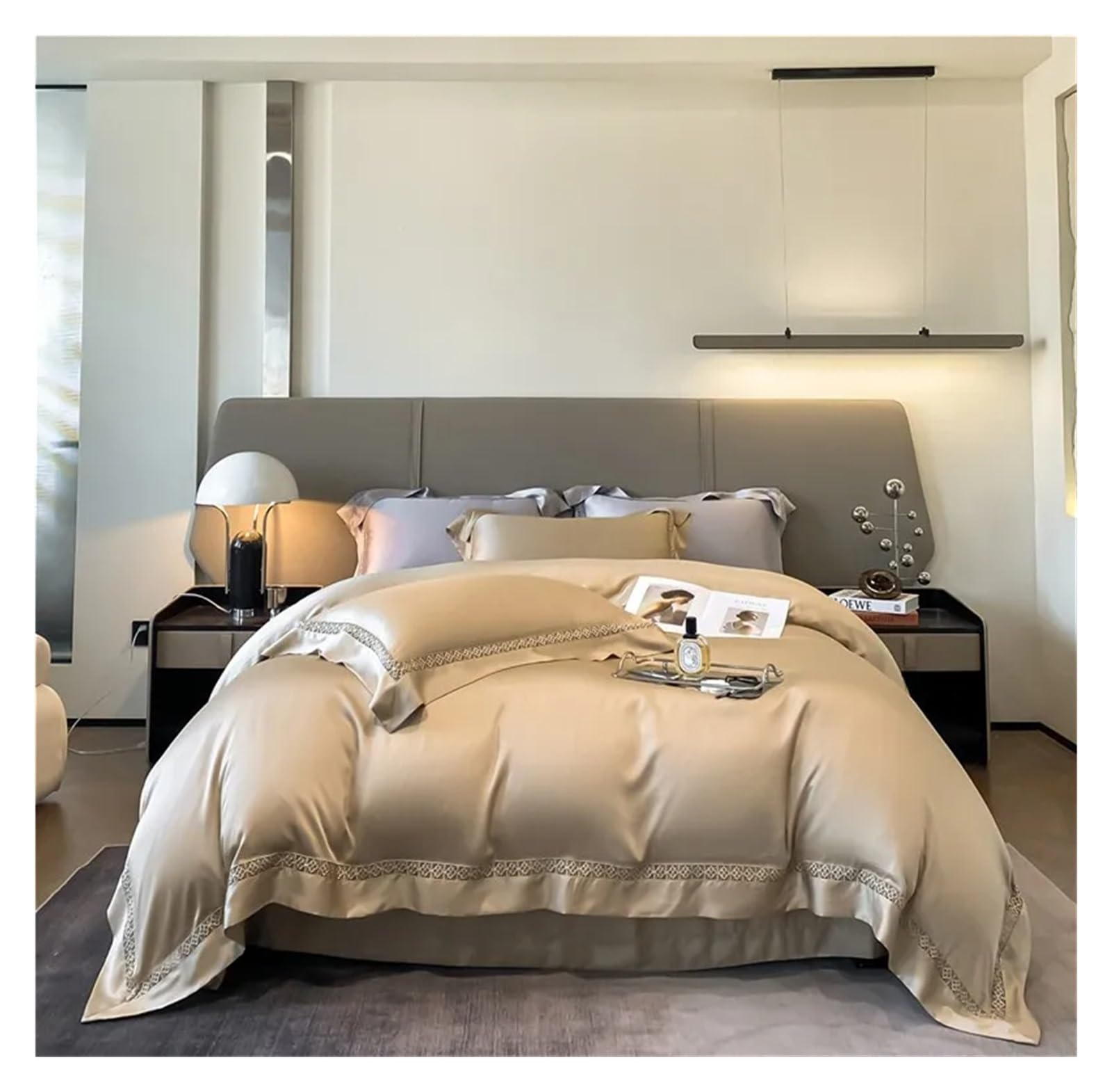 Housse de couette eucalyptus champagne pour une chambre élégante et épurée