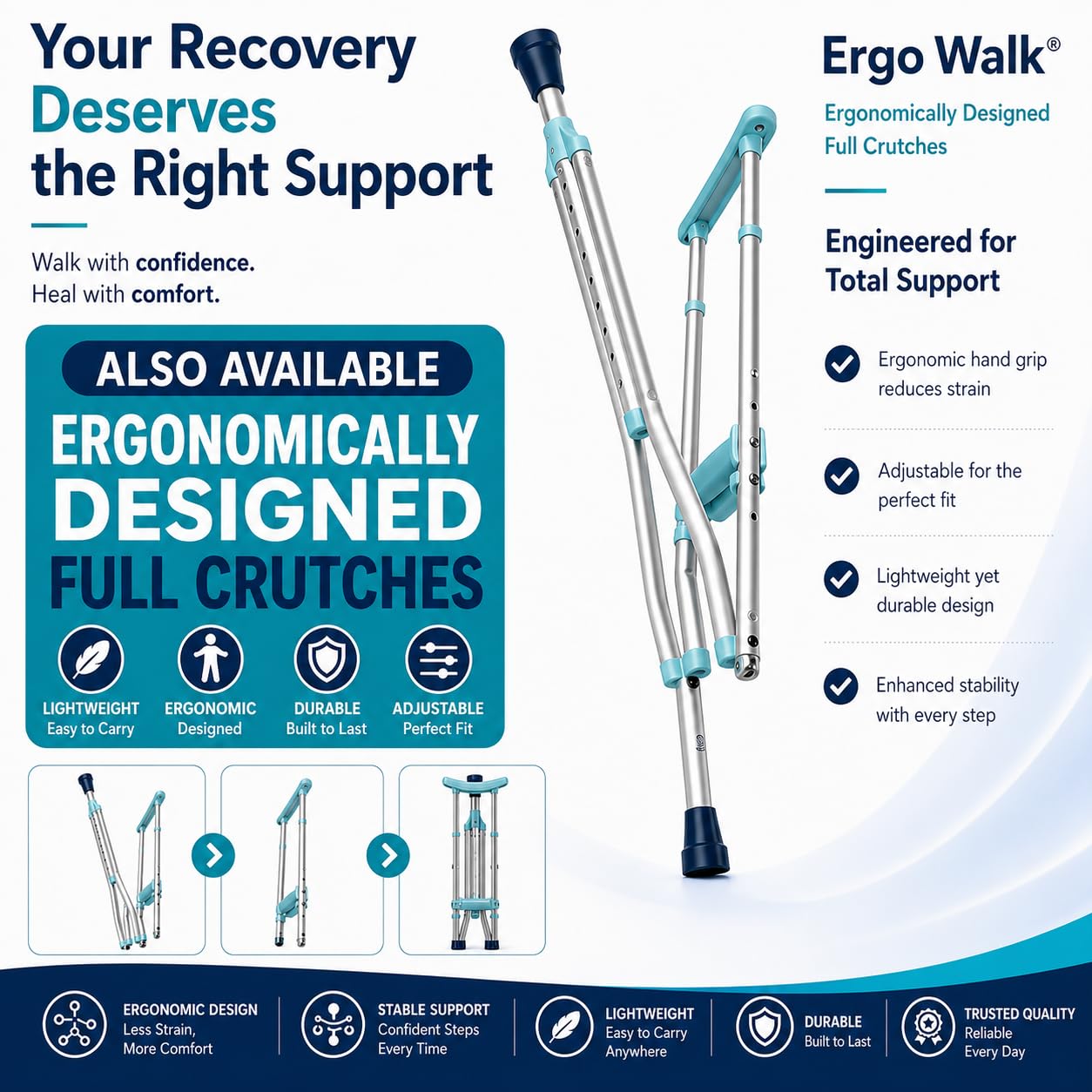Ergo Grip Almohadillas para muletas, empuñaduras ergonómicas para muletas, reducen la presión en las muñecas, agarre de repuesto para muletas, no requiere montaje, se adapta a todas las muletas debajo