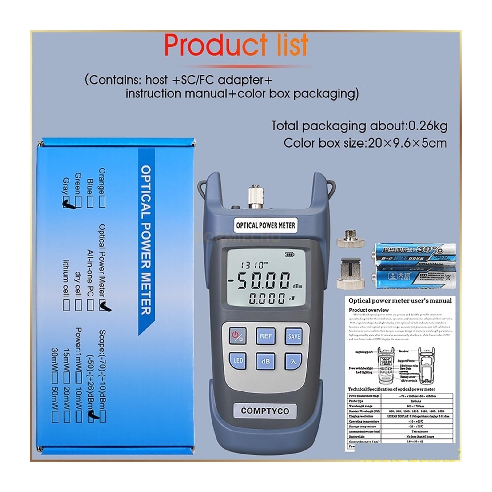 Miernik Mocy Światłowodu FTTH G510A/G710A Tester Kabla Światłowodowego -50dBm~+26dBm/-70dBm~+10dBm Złącze SC/FC Profesjonalne narzędzie dla elektryków(G510A)