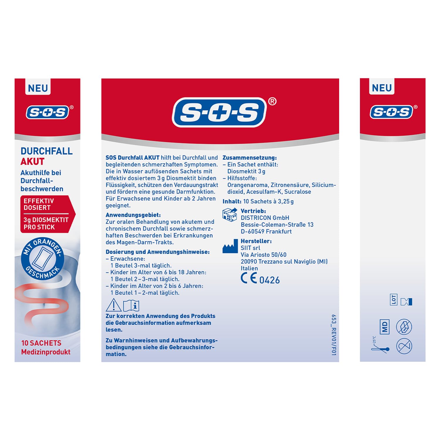 SOS Durchfall AKUT (6x 10 Sachets) – 3 g Diosmektit pro Stick – Bei akutem Durchfall & Magen-Darm-Beschwerden – Ab 2 Jahren – Orangen-Geschmack – 10 Sachets zur Auflösung in Wasser