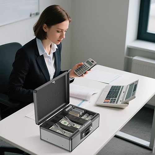 Miniatura 7 de Caja de dinero con cerradura con bandeja de dinero y llave, caja segura para dinero en efectivo, caja de dinero portátil con espacios de
