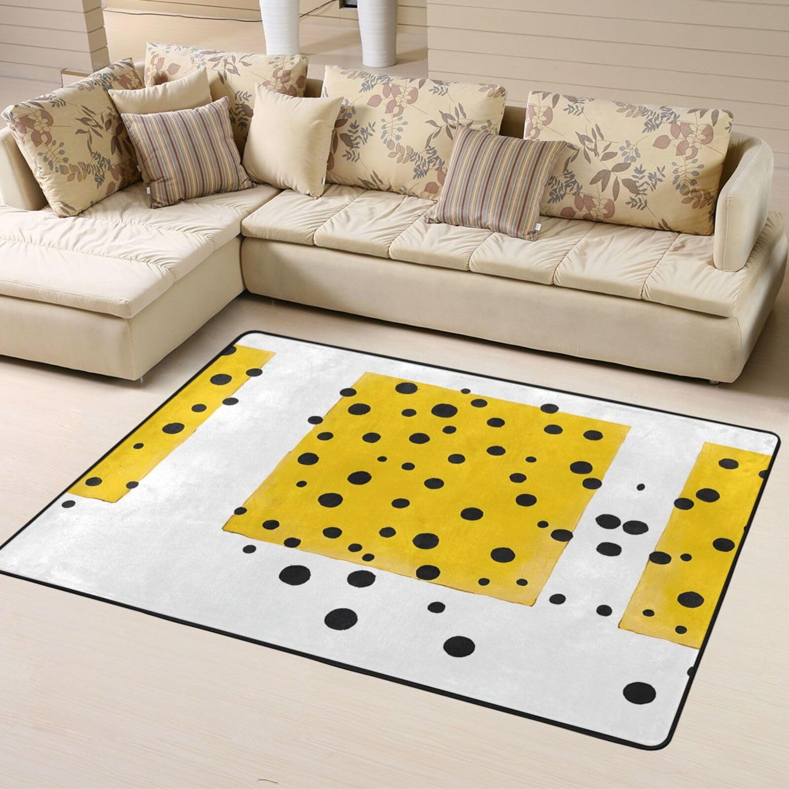 Teppich, Senfgelb und Schwarz, bedruckt, 160 x 121,9 cm, weich, rutschfest und langlebig, Bodenmatte für Wohnzimmer, Büro und mehr