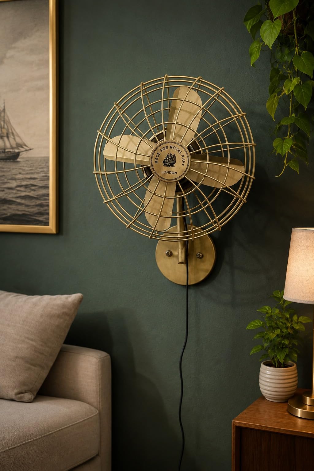 Vintage Brass Wall Mounted Fan | 14 Inch Antique Nautical Electric Wall Fan | Royal Navy Style Retro Industrial Metal Fan | 3 Speed Oscillating Decorative Cooling Fan for Home-image-28