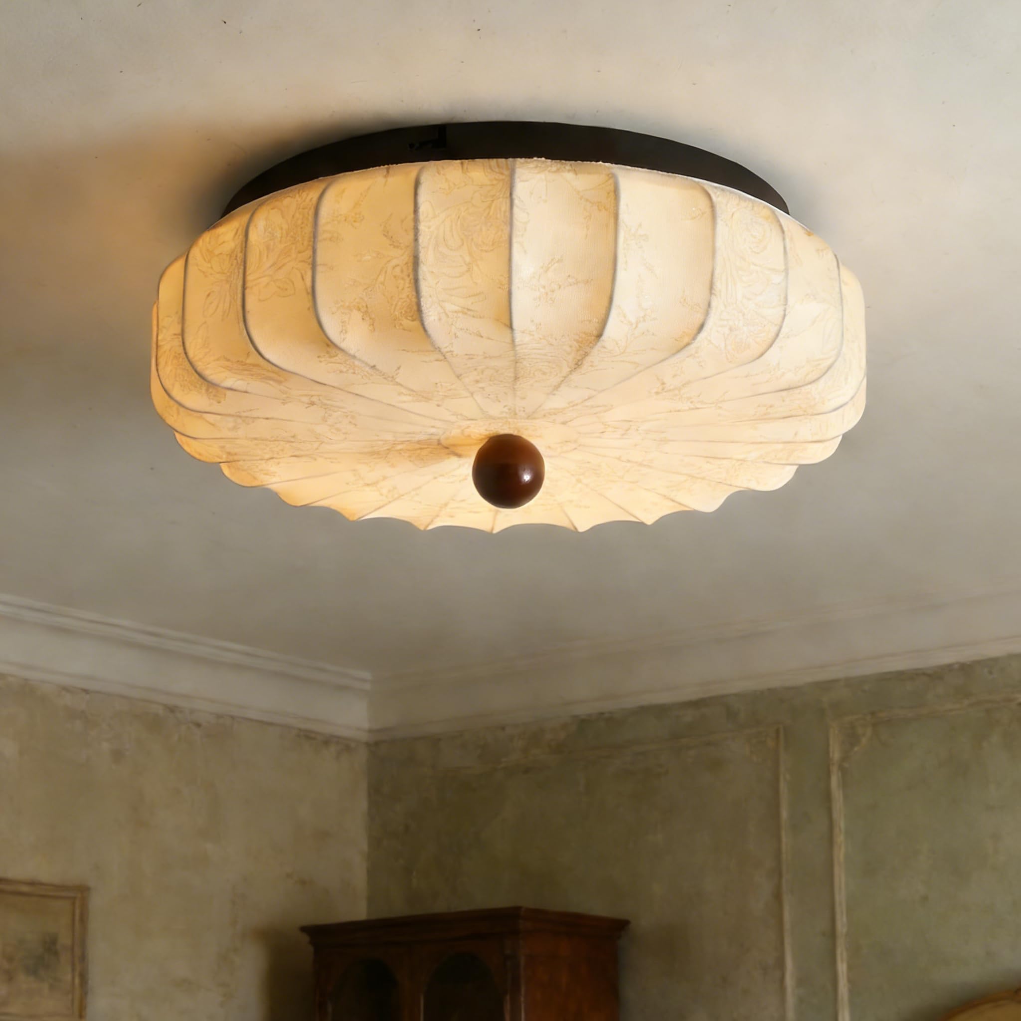 meibeileil Round Lantern Ceiling Lights White Wabi-Sabi,Φ50cm Fabric Lampshade Kitchen Lights Ceiling,Beige Graphic Printed Dimmable 3000-6000K Ceiling Lamp with Remote Control for Bed Room.