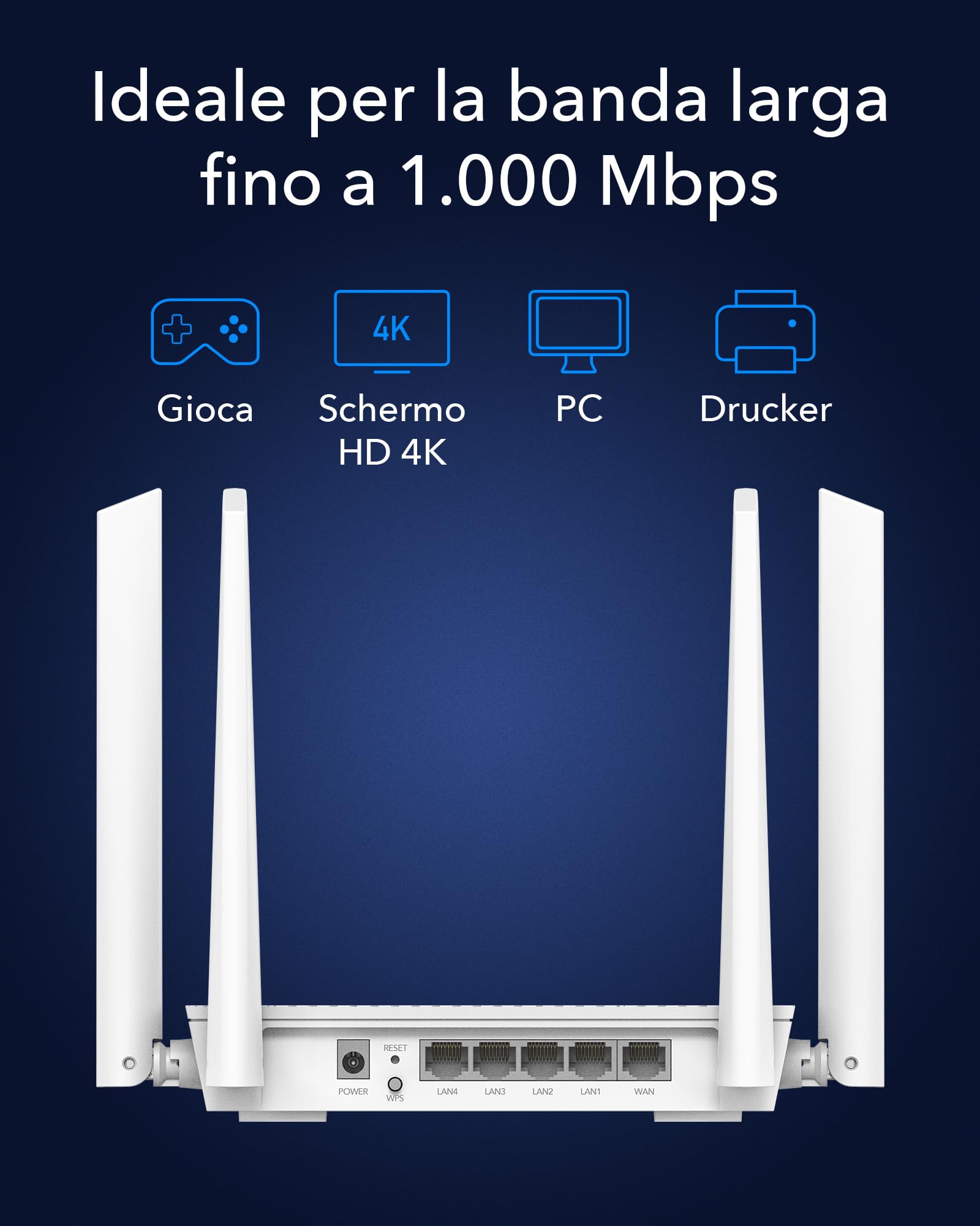 Cudy WR3000S AX3000 Dual Band WiFi 6 Mesh Router, 5 porte Gigabit Ethernet RJ45, 4 antenne ad alto guadagno 5dBi, MU-MIMO, OpenVPN, Wireguard, Zerotier, Ipsec VPN, Cloud APP