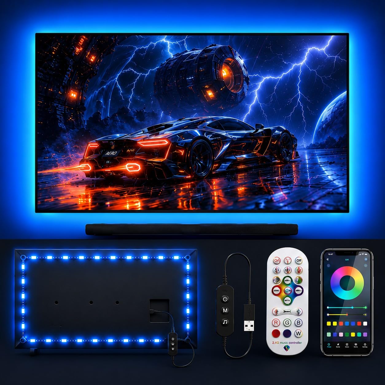 MORIACC 5m TV Backlight, LED Strip Lights for 45-75 Inch TVs, Music Sync RGB Colour Changing, App & Remote Control, USB Powered for Gaming Room and Home Cinema