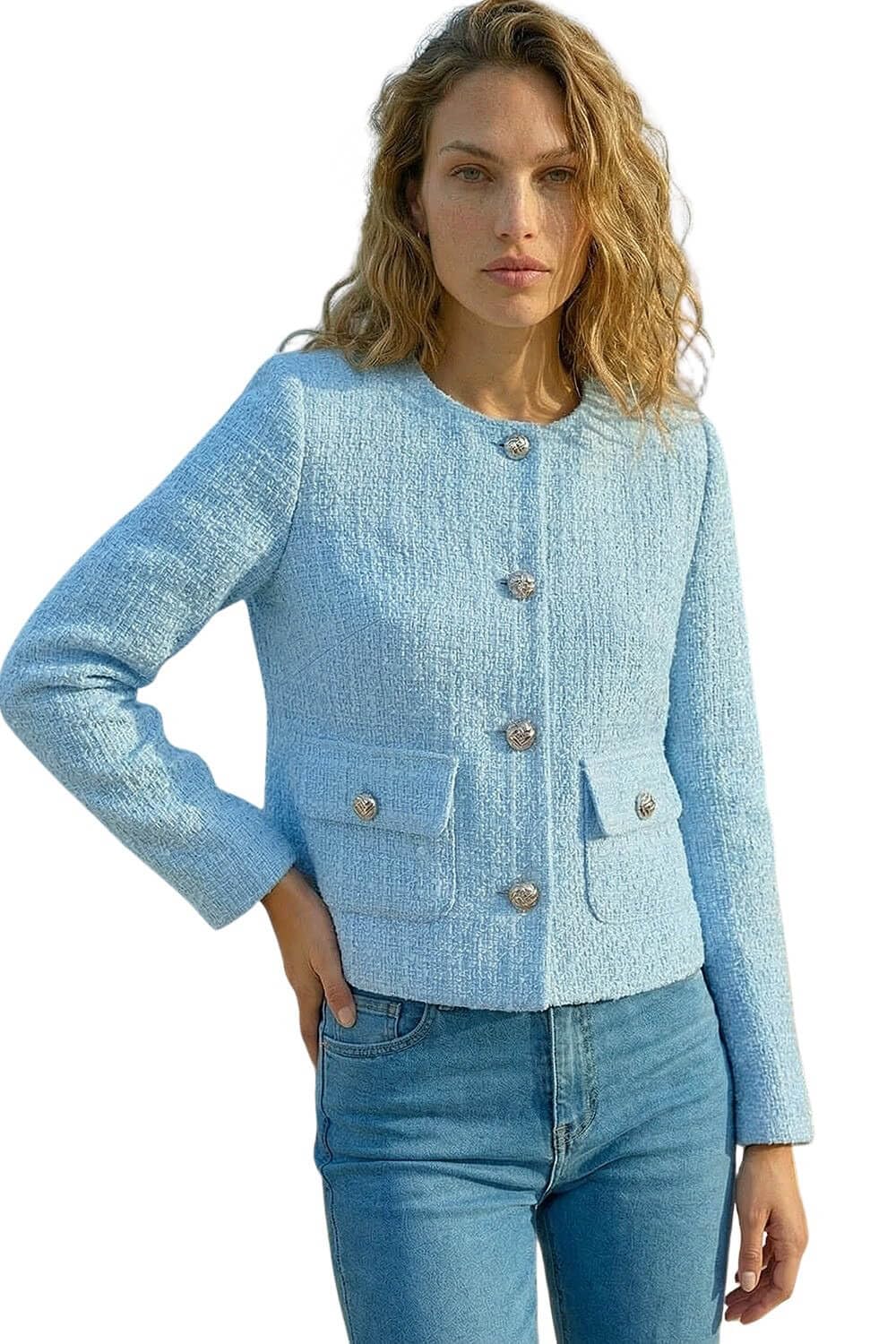 Roman Women's Collarless Buttoned Boucle Jacket in Light Blue | Size: 12