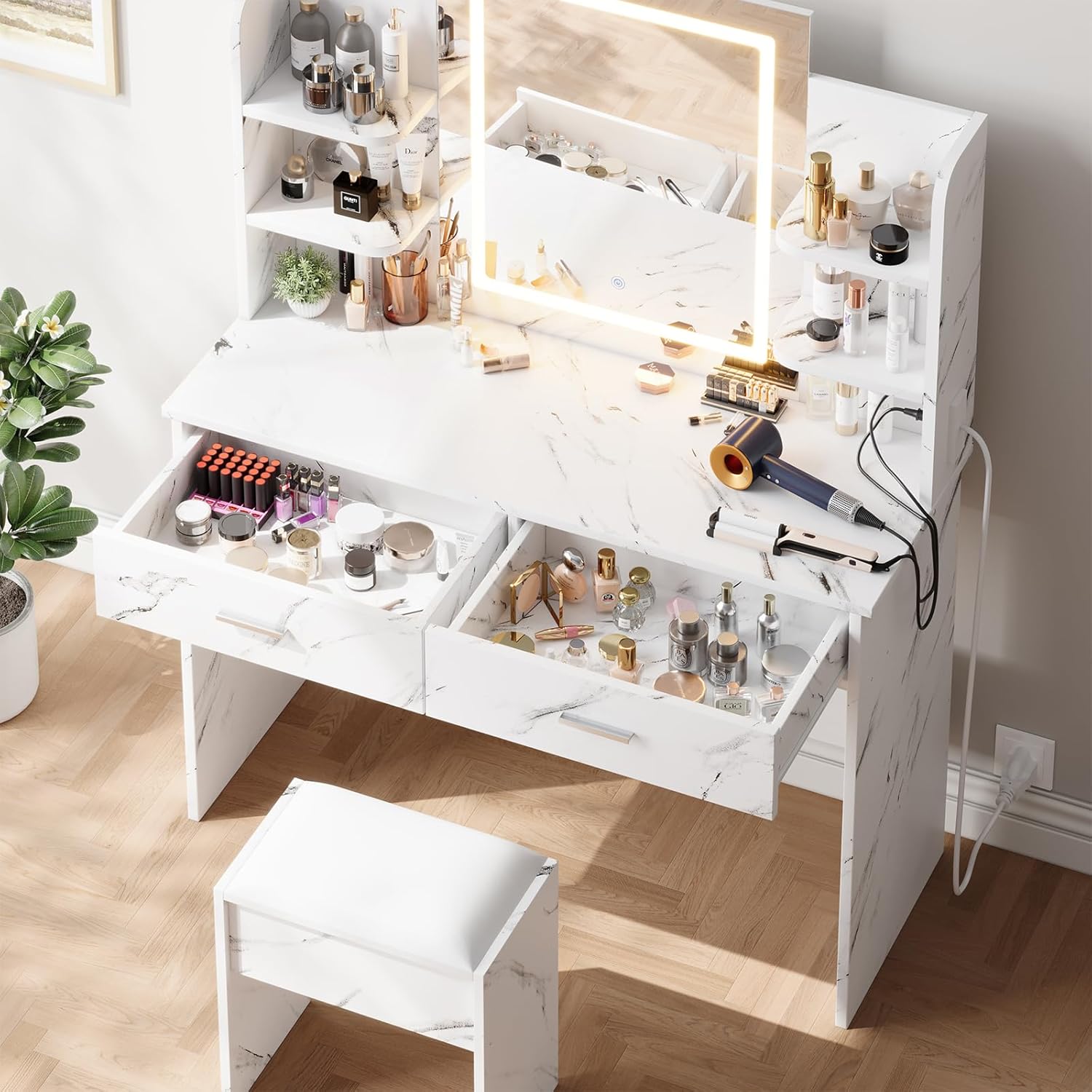 Vanity Desk with Lighted Mirror and Power Outlet - Makeup Vanity Table Set with 2 Drawers and Cabinets, Large Storage Shelves, 3 Lighting Modes Adjustable, Modern Bedroom Dressin - Marble White