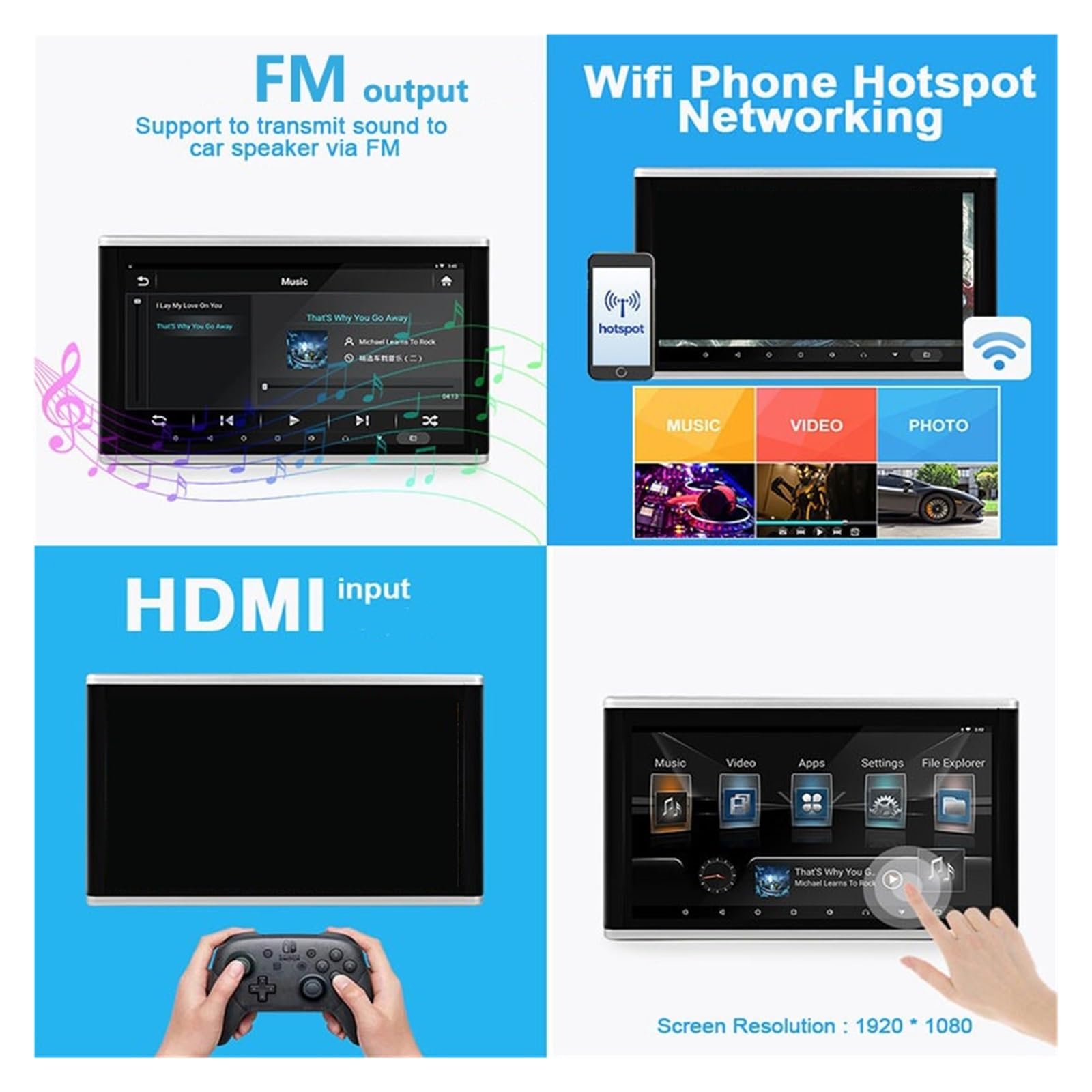 Lettore Dvd per Auto Monitor for Poggiatesta for Auto da 11,6/13,3 Pollici 4+64G IPS Tablet Touch Screen Lettore Video Multifunzione 4K Display for Sedili Posteriori FM(2 PCS Black 11.6)