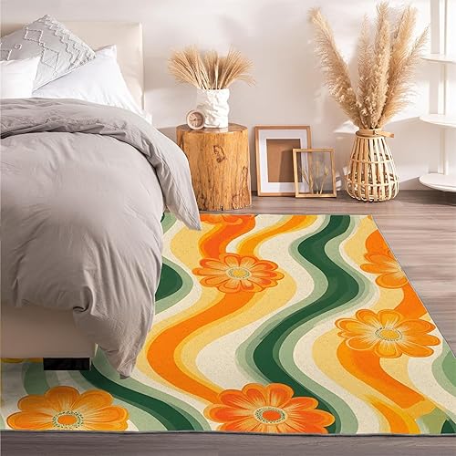 Miniatura 3 de Alfombra vintage con remolinos, alfombras florales para sala de estar, lavable, antideslizante, retro de los años 70, 8 x 10 pies, alfombra de suelo