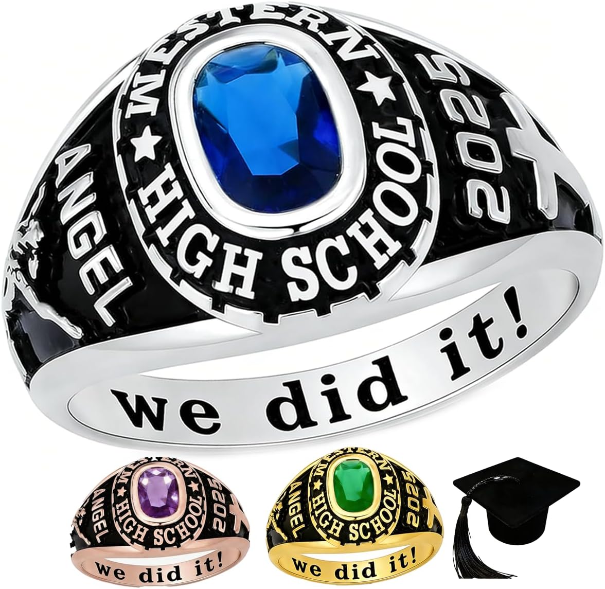 Sterling Silver Class Rings Personalized Custom Rings Class Rings for Women High School Birthstone Rings Graduation Rings Size 5-15 College Rings for Women