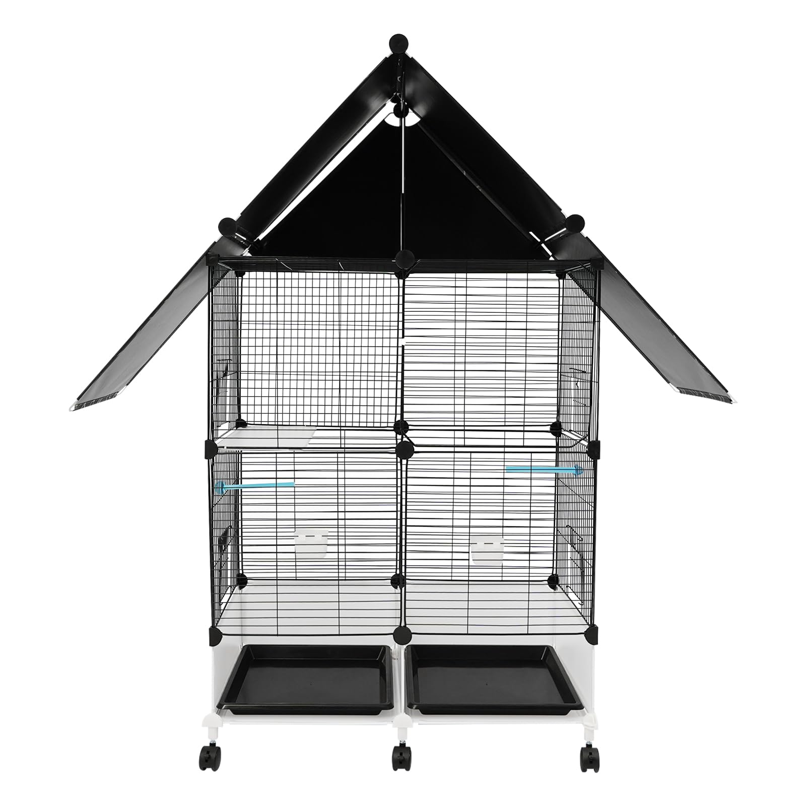 Vogelkäfig groß mit 6 Rädern, 74×37×126 cm, Vogelvoliere mit 2 Sitzstangen und 2 Fressnäpfe, Papageienkäfig mit sichere Schnalle für Budgerigars & Cockatiels (Schwarz)