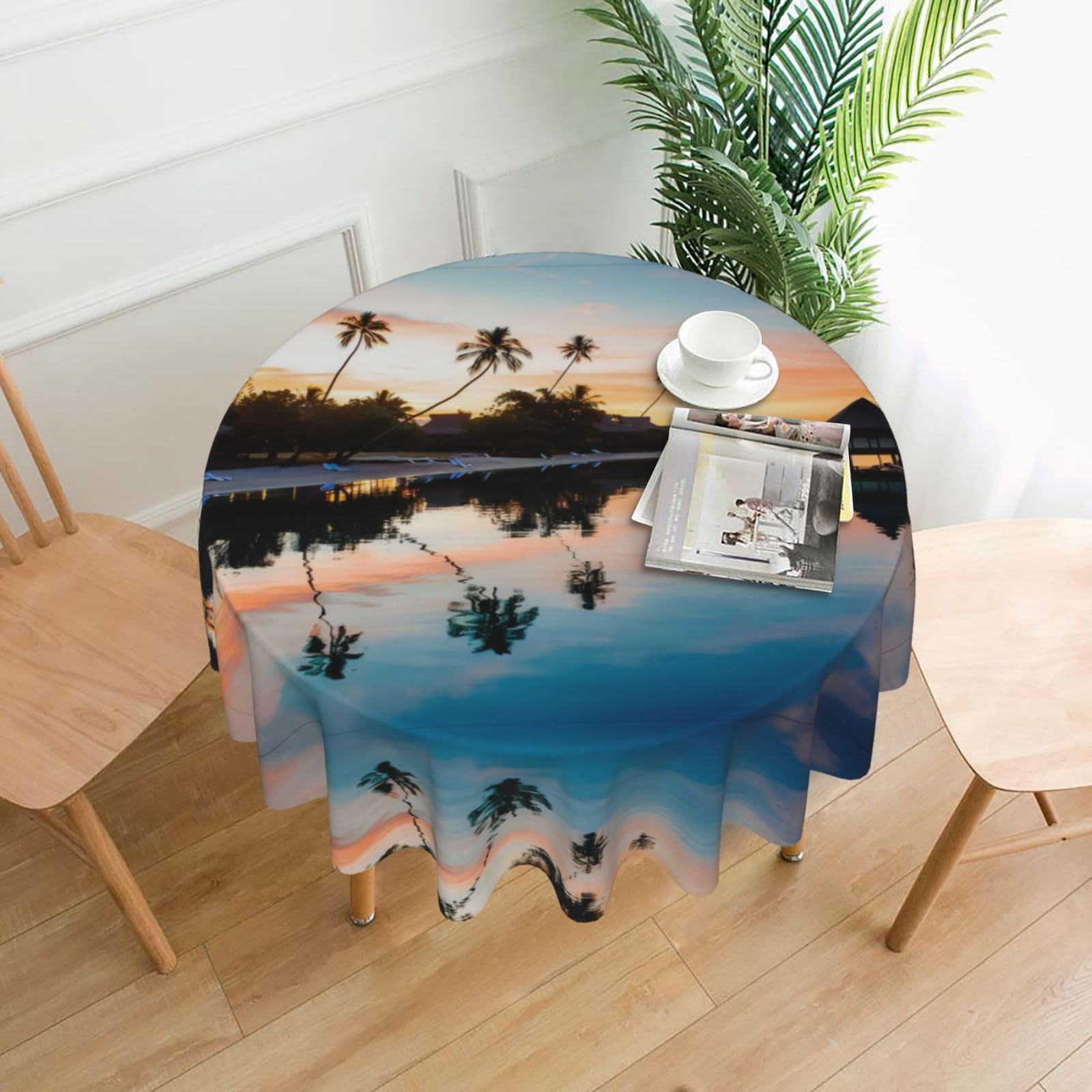 HLSBSSL Tropical Sunset Printed round decorative tablecloth, 60 inches, suitable for various tables in the living room, dining room, coffee table, etc.