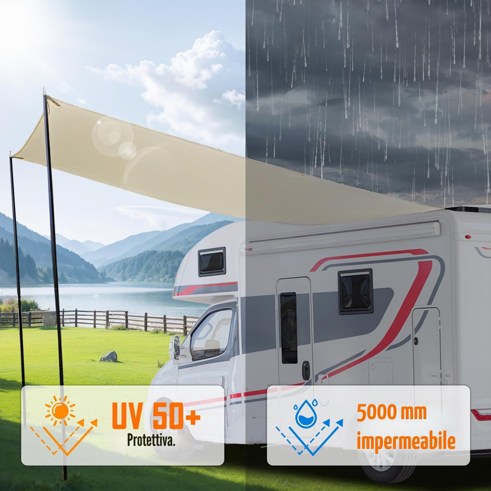 LIROPAU Motorhome Tarp, 4,3 x 2 m Tendalino Camper Impermeabile Tenda da Sole con 2 Pali per Tenda, 2 Ventose, 4 Corde Antivento, 4 Picchetti per per Camper Furgone Van, Roulotte