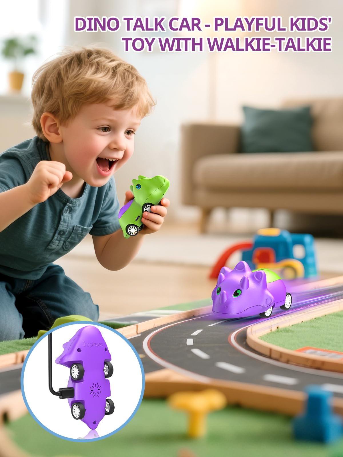 Inspireyes Walkie-Talkie Dinosauro per Bambini, Ricaricabili, Macchinine Giocattolo per Bambini e Bambine 3–7 Anni, Divertente Interno ed Esterno, Regalo di Compleanno e Natale per Bambini, Set da 2