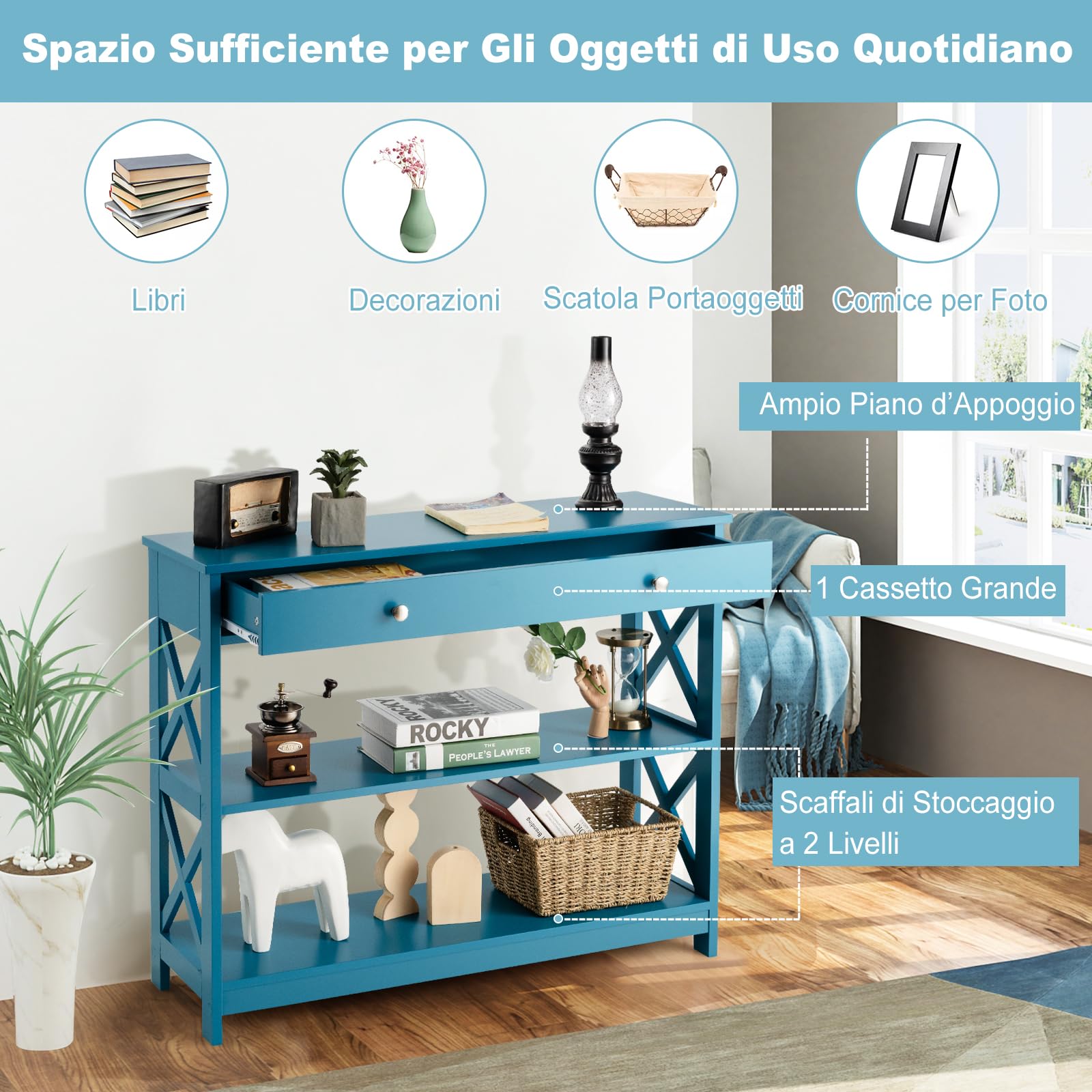 COSTWAY Tavolo Consolle con Cassetto, Tavolo da Ingresso a 3 Ripiani, Tavolino per Divano per Ingresso Soggiorno Camera da Letto, Stile Vintage Industriale (blu)